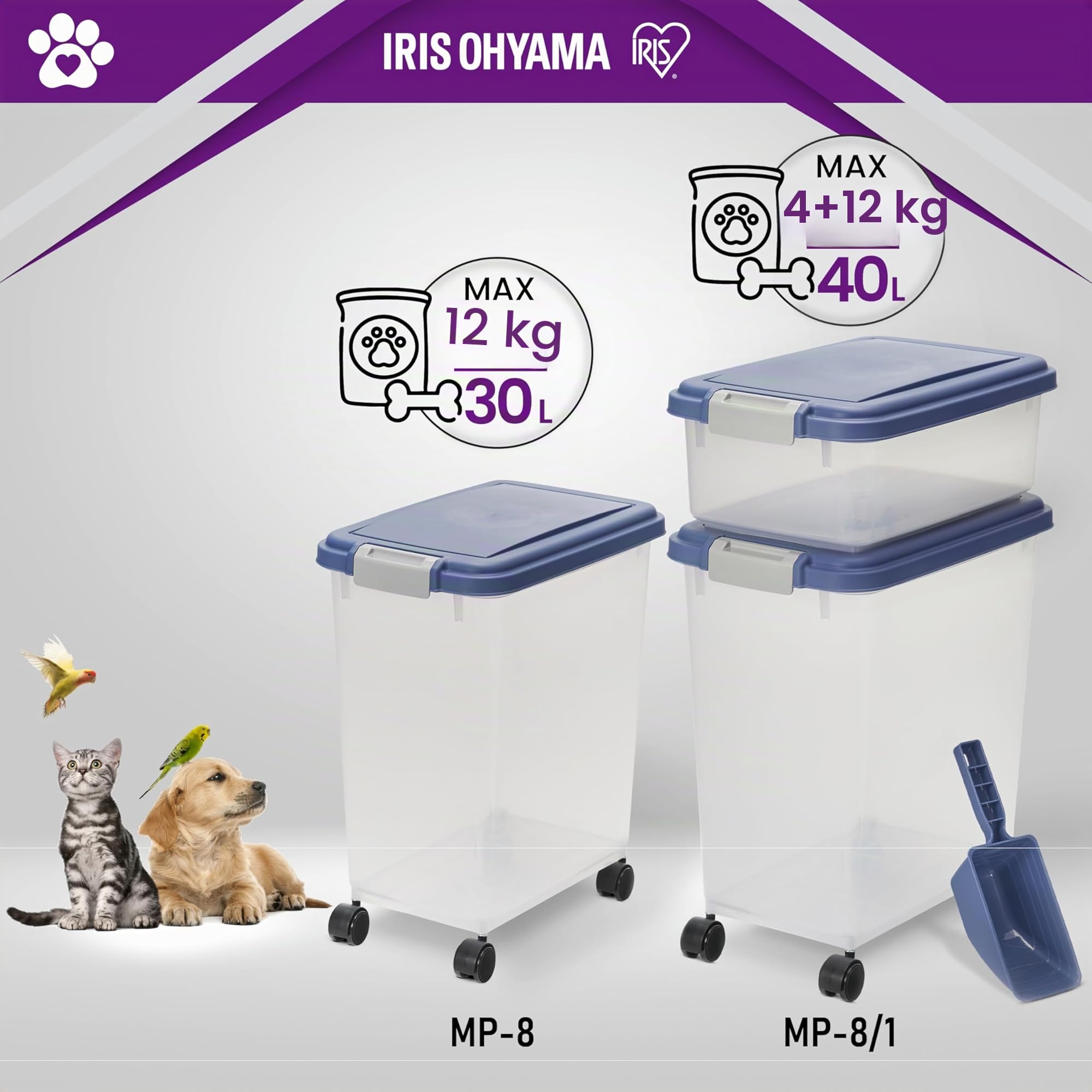 Iris Ohyama, Contenitore per Crocchette Ermetico, 30L+10L, Blu, Ermetici, Plastica, con Coperchio, Per Cibo per Gatti, Cani, Cibo secco, Crocchette, Dolci, MP-8&MP-1