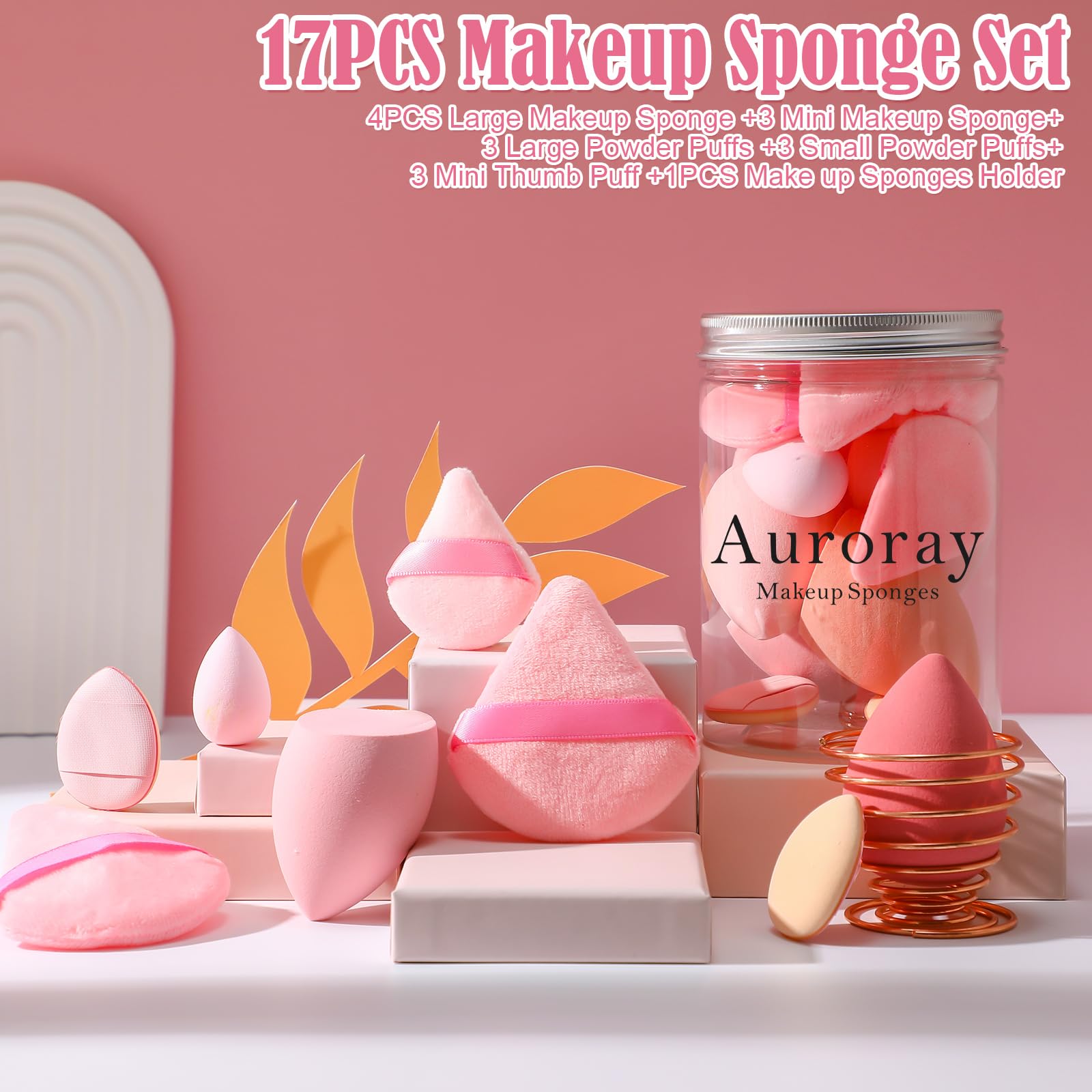 17-teiliges Make-up-Schwamm-Set mit 6 Puderquasten, 3 Mini-Make-up-Schwämmen, 3 Mini-Make-up-Schwämmchen und 1 Make-up-Schwammhalter (Rosa)