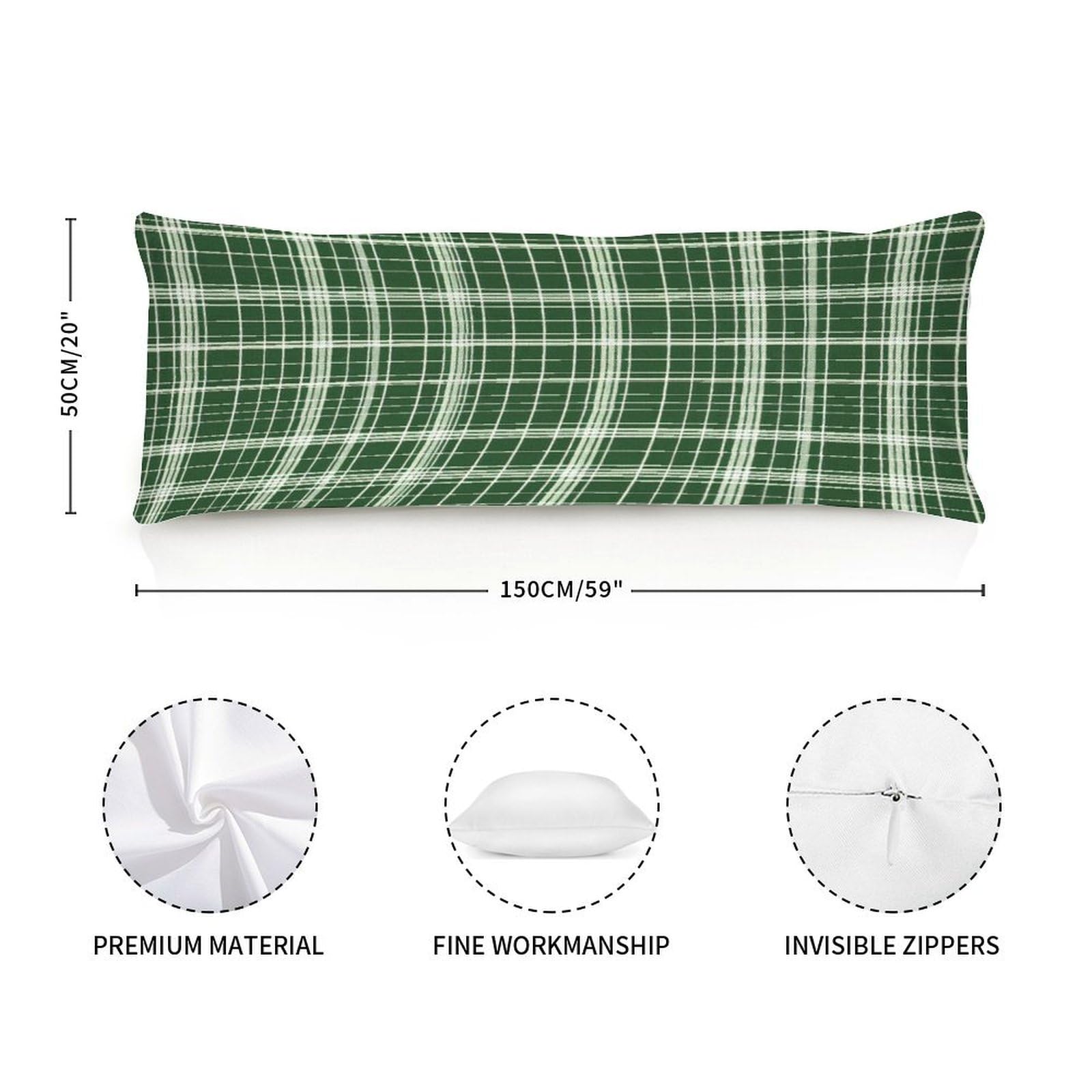 Chinese Style Zipped Body Pillow Case Cover,Buffalo Plaid Green Decorative Rectangle Accent Long Body Pillowcase 20x59in Mother's Day Birthday Gifts Christmas for Women Girl Mom