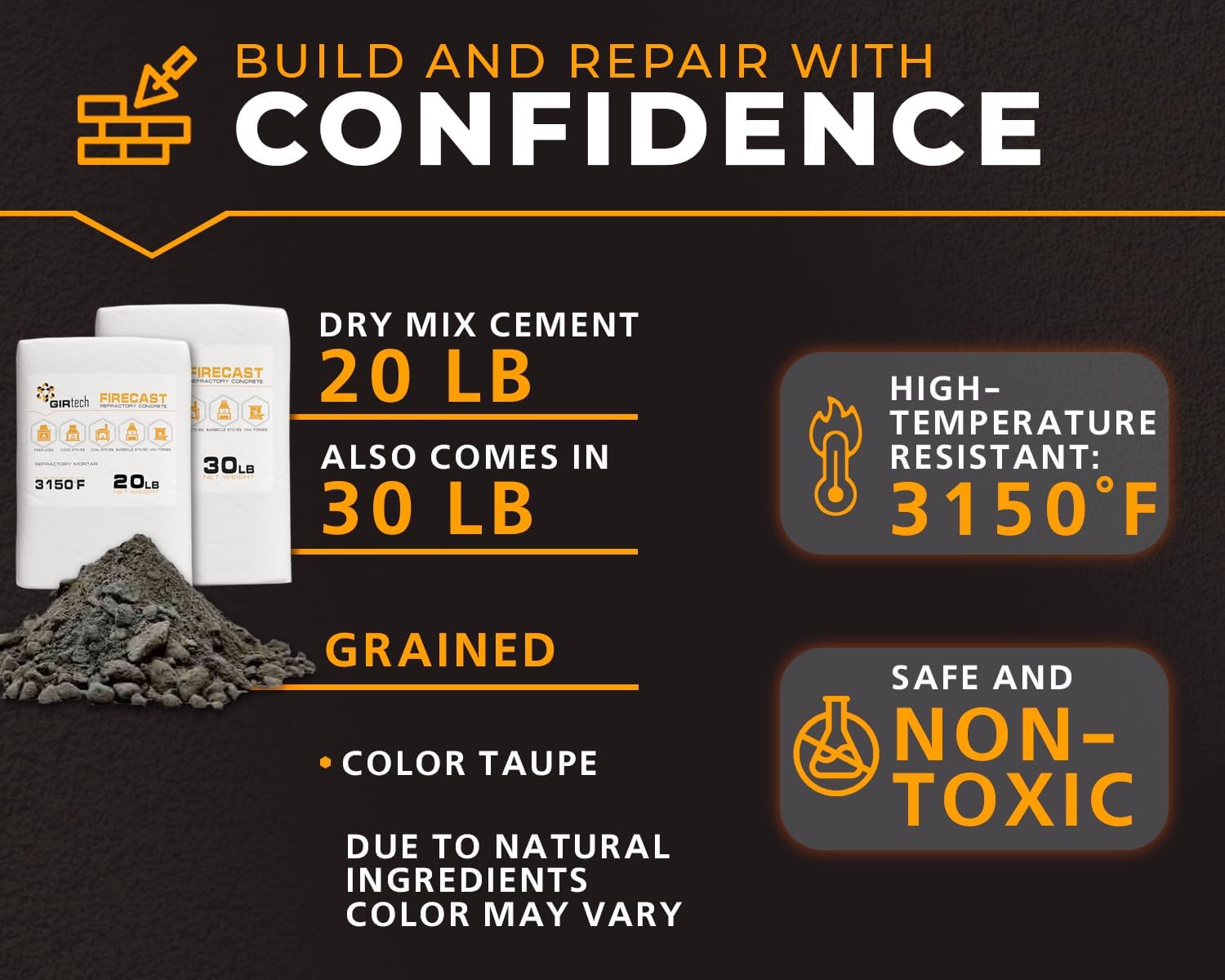 FireCast Castable Refractory Cement Mix Nano 3110 Degree Fahrenheit 19 Lbs High Temperature Heat Resistant Fireproof Mortar Build Repair Pizza Oven Fire Places Forge Kiln Stove