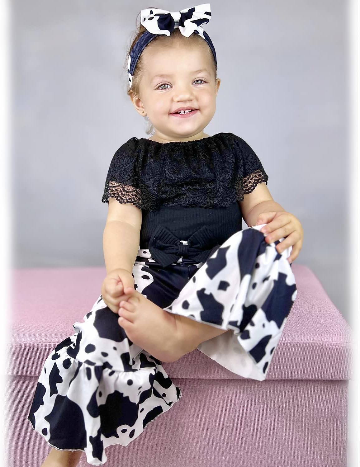 HINTINA Newborn Baby Girl Short Sleeve Bodysuit Flared Pants Ribbed Outfits - Image 3