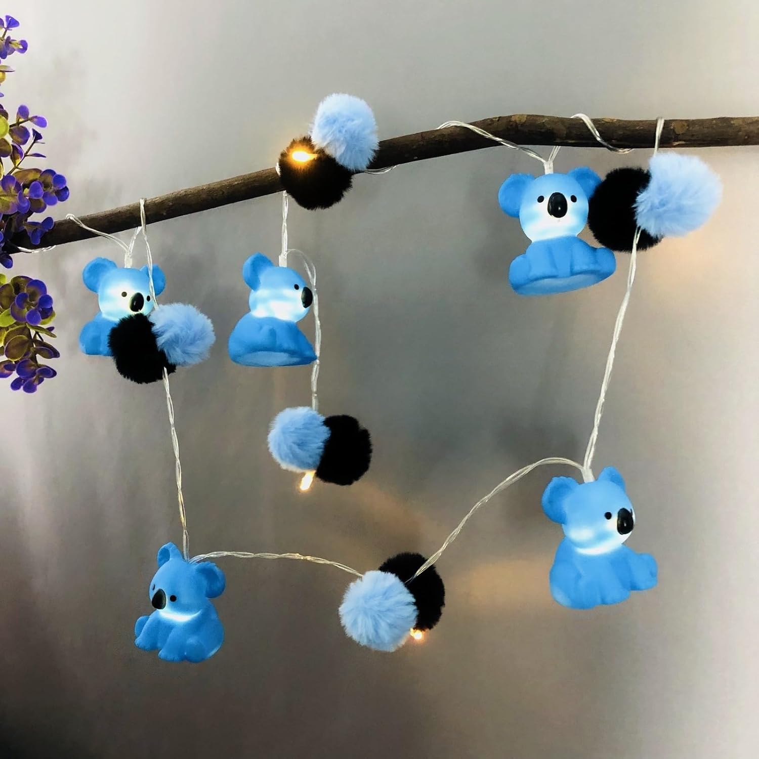 Colorful Pom Poms Fairy Light, 3D Pompoms and Koalas Lamp, Battery Powered, with Timer Function for Children‘s Room Birthday Christmas Decoration (1.65m/10led, Blue Koala)
