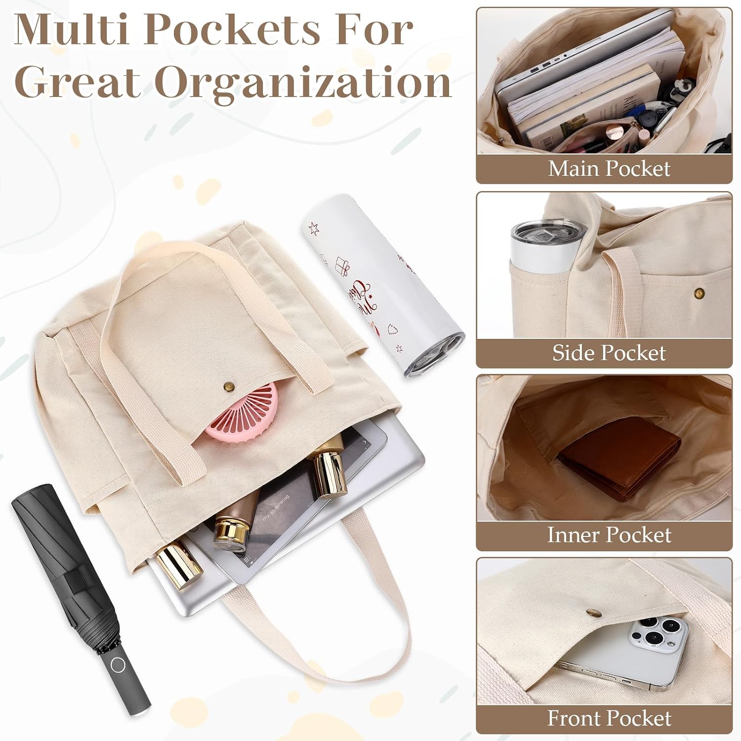 Sadnyy White 10 Pcs Canvas Tote Bags for Women Reusable Shoulder Tote Bag with Zipper Shopping Grocery Handbag for Work Travel