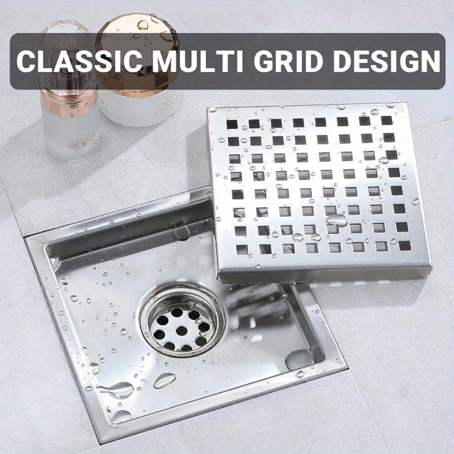 Caniveau de douche carré - 15 x 15 cm - Drain de douche - Siphon 360° avec filtre anti-odeurs et filtre à cheveux - 2 en 1 - Pince en acier inoxydable - Pour salle de bain, cave, intérieur et