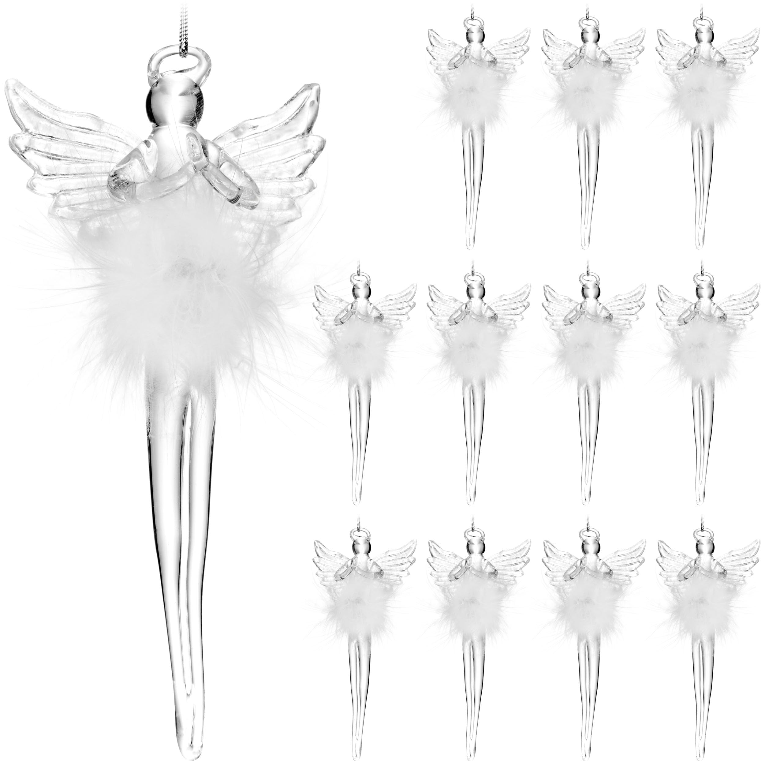 BRUBAKER Lot de 12 décorations de Noël en verre - Ange gardien - Pendentif de sapin de Noël transparent avec robe en plume - Pendentif de Noël - Décoration d'arbre de Noël - Ange en verre - Boule de