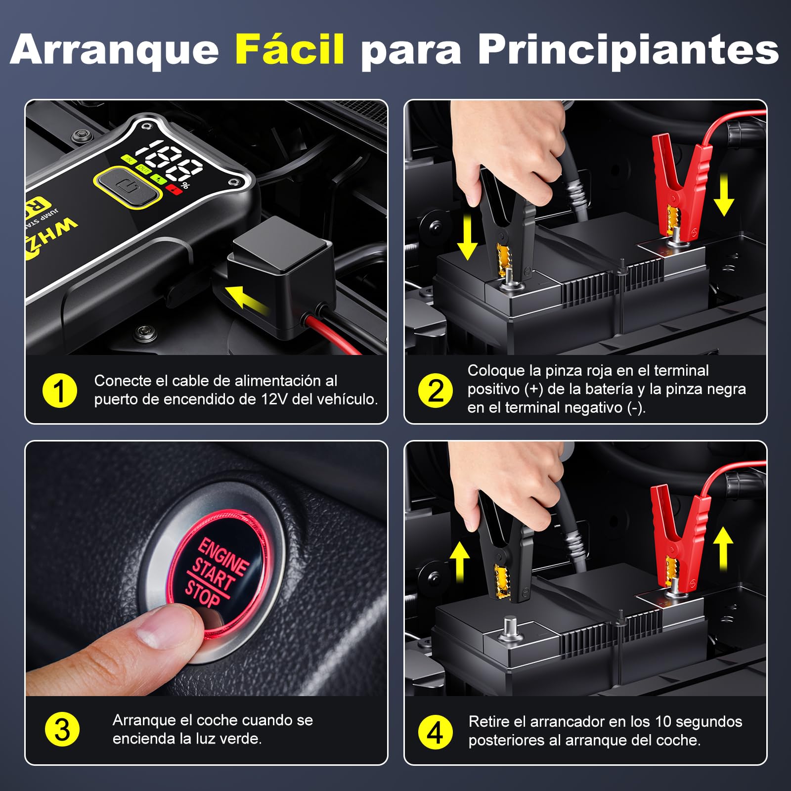 Arrancador de Coches 7000A 12V Arrancador de Baterias de Coche (para 10.0L de Gasolina o 8L de Diésel) Jump Starter Portátil con Linterna LED, USB Carga Rápida, Clips de Seguridad Inteligentes