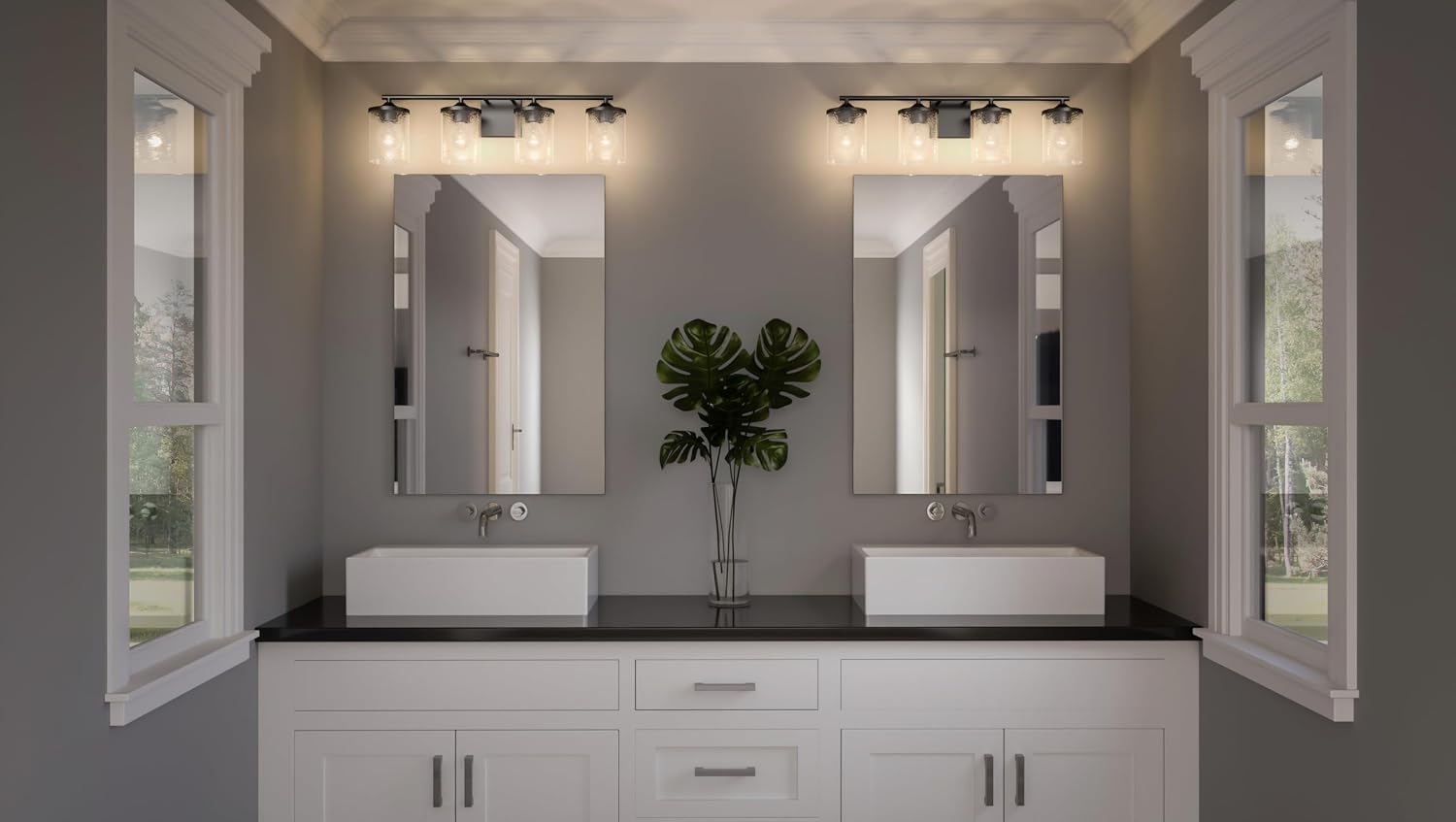 Quoizel Abner Bath Vanity Lights, 28 Inch, 4-Light Matte Black Bathroom Lighting Fixtures Over Mirror, Clear Hammered Glass, Transitional Industrial Wall Mount Light for Bathroom