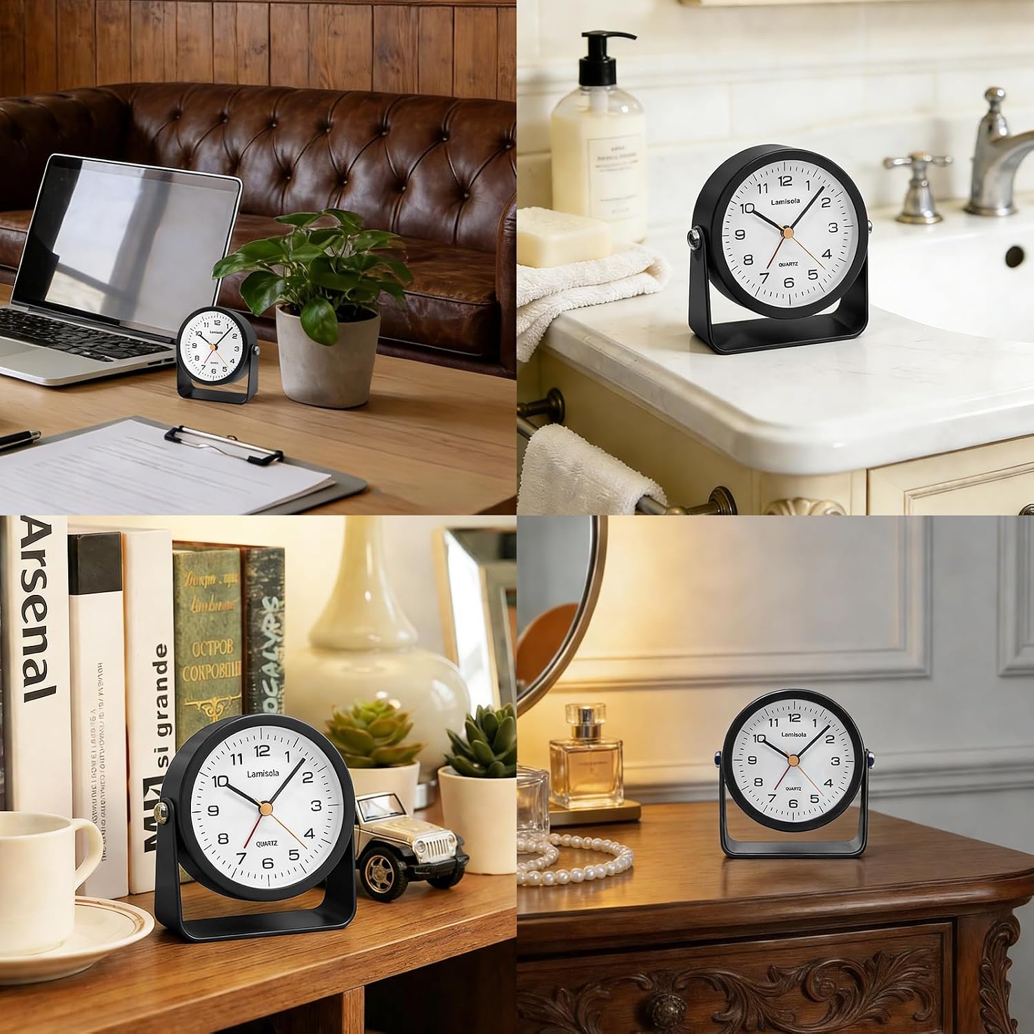 Lamisola 3.5 Inch Small Desk Battery Clock, Black Alarm Clock for Bedroom | Travel Clock for Bathroom Table Shelf Bedside, Cute Metal Vintage Silent Night Light Snooze for Kids Seniors