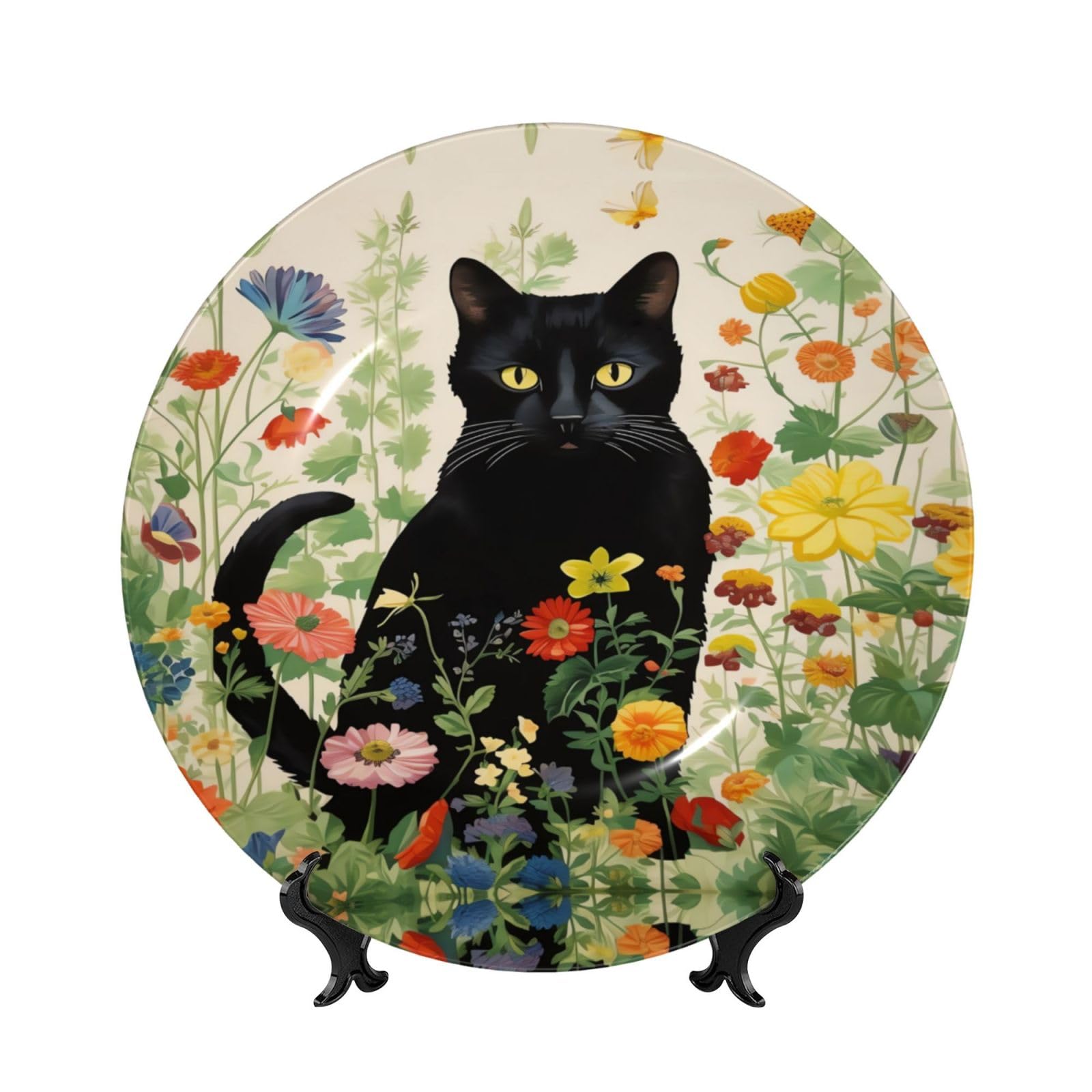 YZILDP Spring Floral Cats Ceramic Plate with Display Stand,10 in,Farmhouse Decorative Plates Vintage Wall Hanging Ceramic Craft Decor for Kitchen Dining Room Home