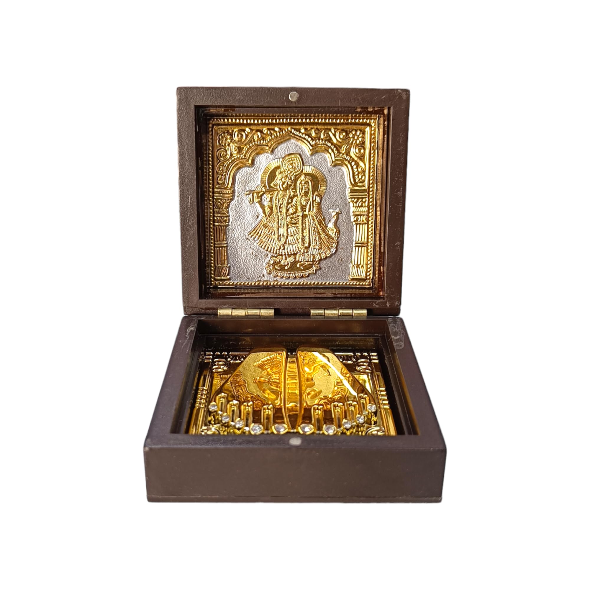DK trades® Gold Plated Radhekrishna Photo for Pooja Box - Premium Pocket Temple with Charan Paduka| Unique Home, Office Gift