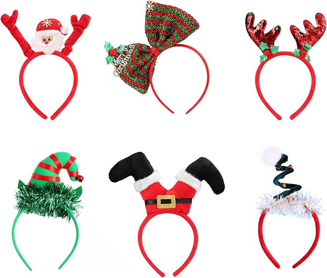 FRCOLOR 6 Pack Christmas Headbands Elf Reindeer Antler Sequin Bow Santa Headbands Hair Hoop for Christmas Holiday Parties Photos Booth