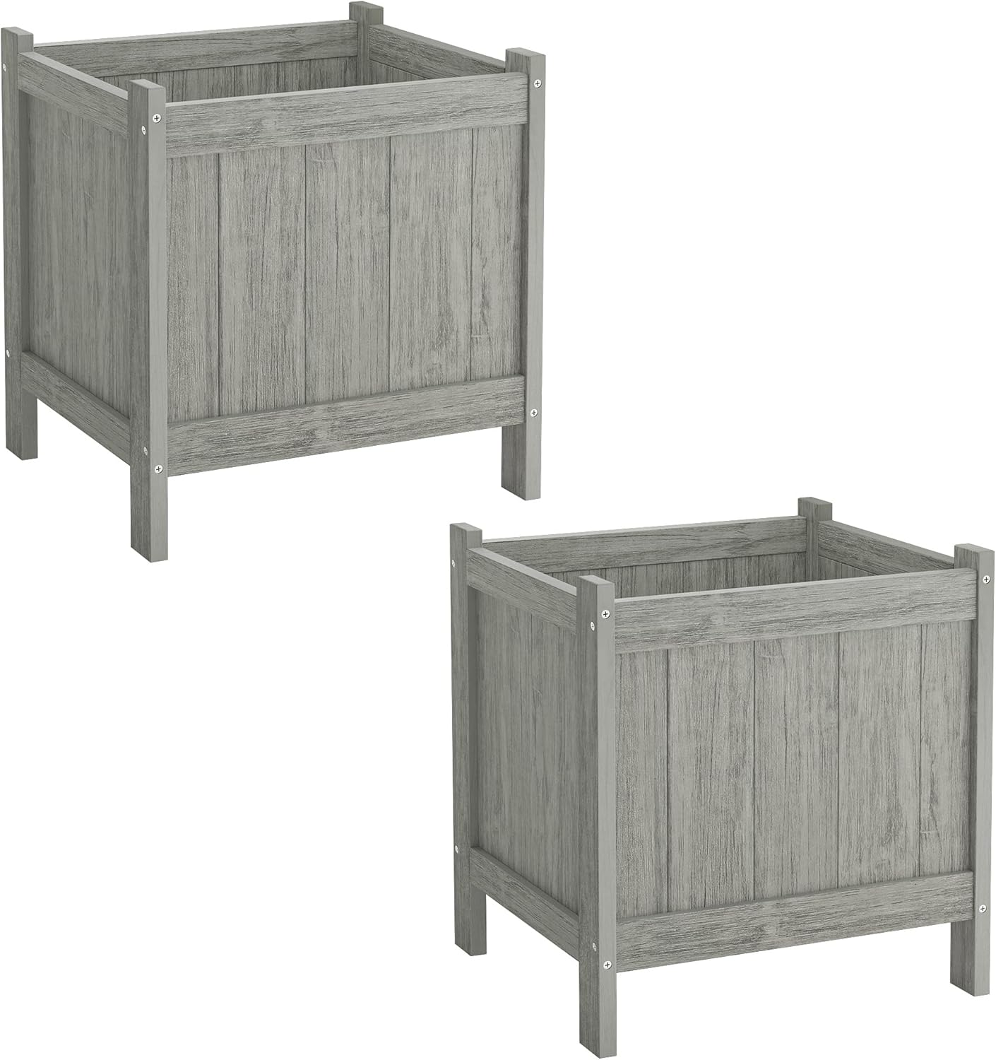 LUE BONA Outdoor Plant Pots Set of 2, 13.7" x 12.5" x 14.5" HDPS Flower Pots with Drainage Holes, Outdoor Planter Box for Outdoor Plants - Porch Patio, Garden or Entryway, Light Gray-Oil Printed