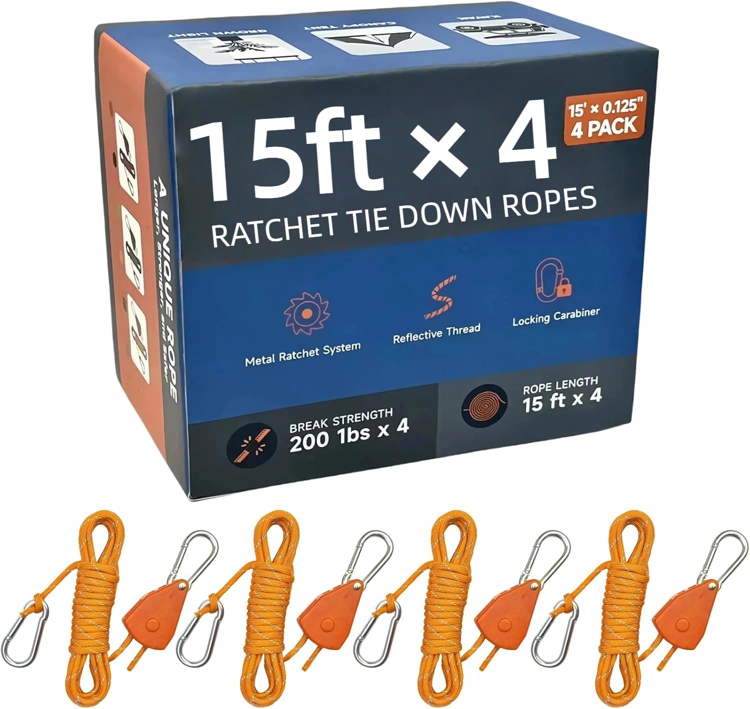 Longer 14ft Retractable Paracord Rope Tie Down Ratchet Strap Small Straps Mini Rope Cam Lock Tent Canopy Tie Down Adjustable Outdoor Windproof Tightener Tensioner Hanger Grow Light 6 Pack 1/8"