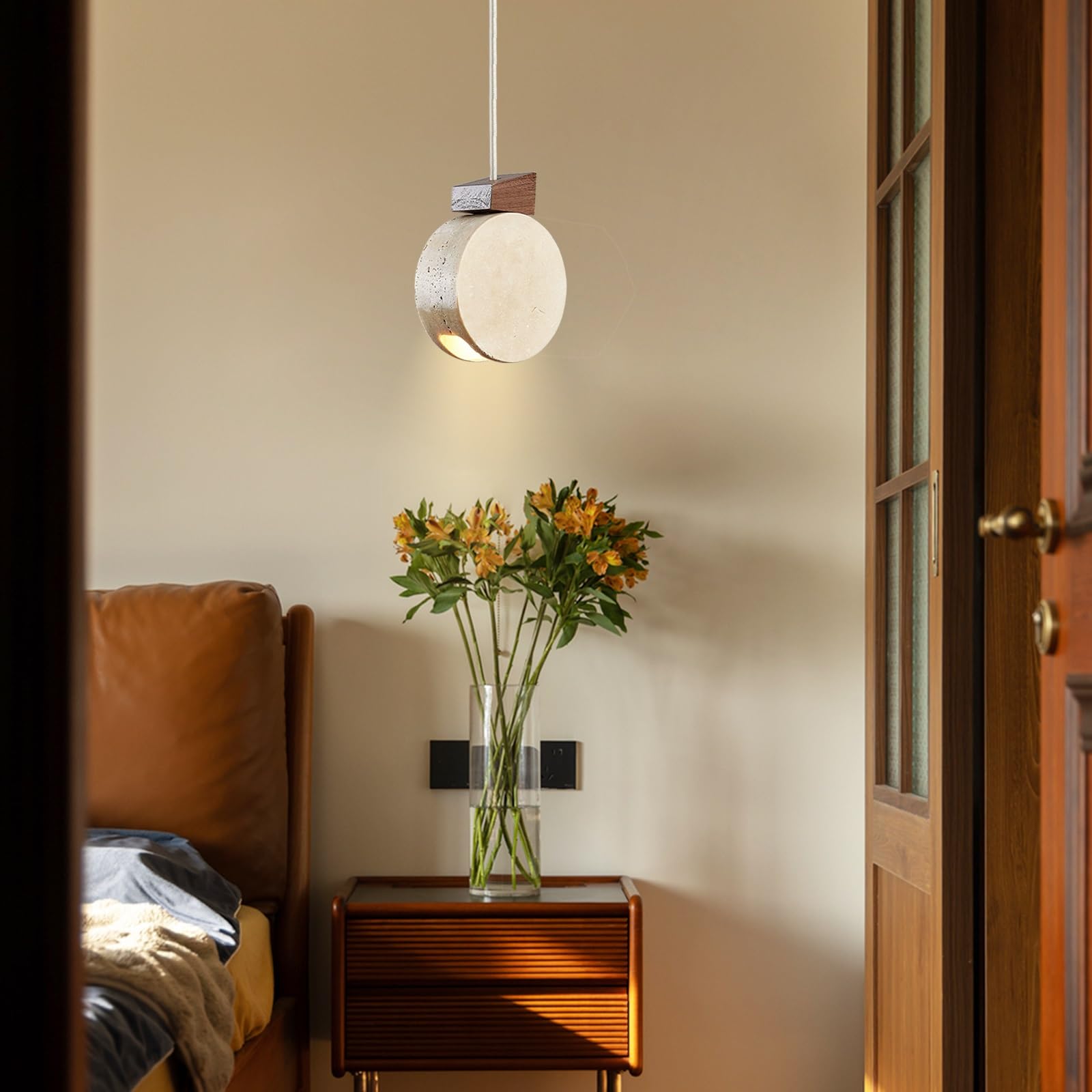 Moderne gelbe Travertin-Pendelleuchte, 4,72-Zoll-Wabi-Sabi-Leuchte mit rundem Naturstein-Lampenschirm, Marmor-Hängelampe im japanischen Stil for Kücheninsel, Schlafzimmer(Yellow)