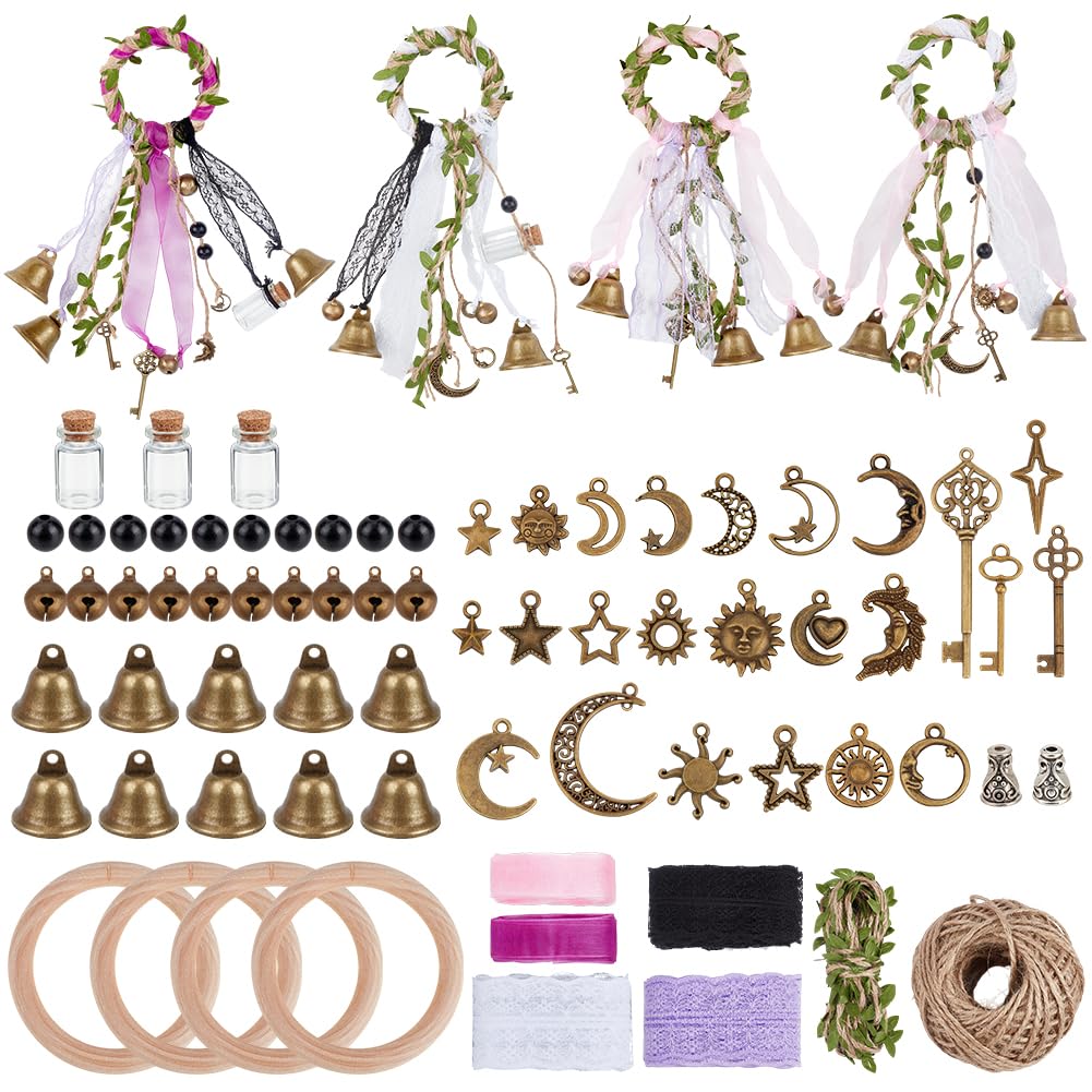 PH PandaHall 86pcs Witch Bells DIY Kit for Door Knob Hanging Witchcraft Decor Wind Chimes Wreath Protection Witches Bell Ornament Key Moon Star Charms for Home Wall Garden Bedroom Craft Supplies