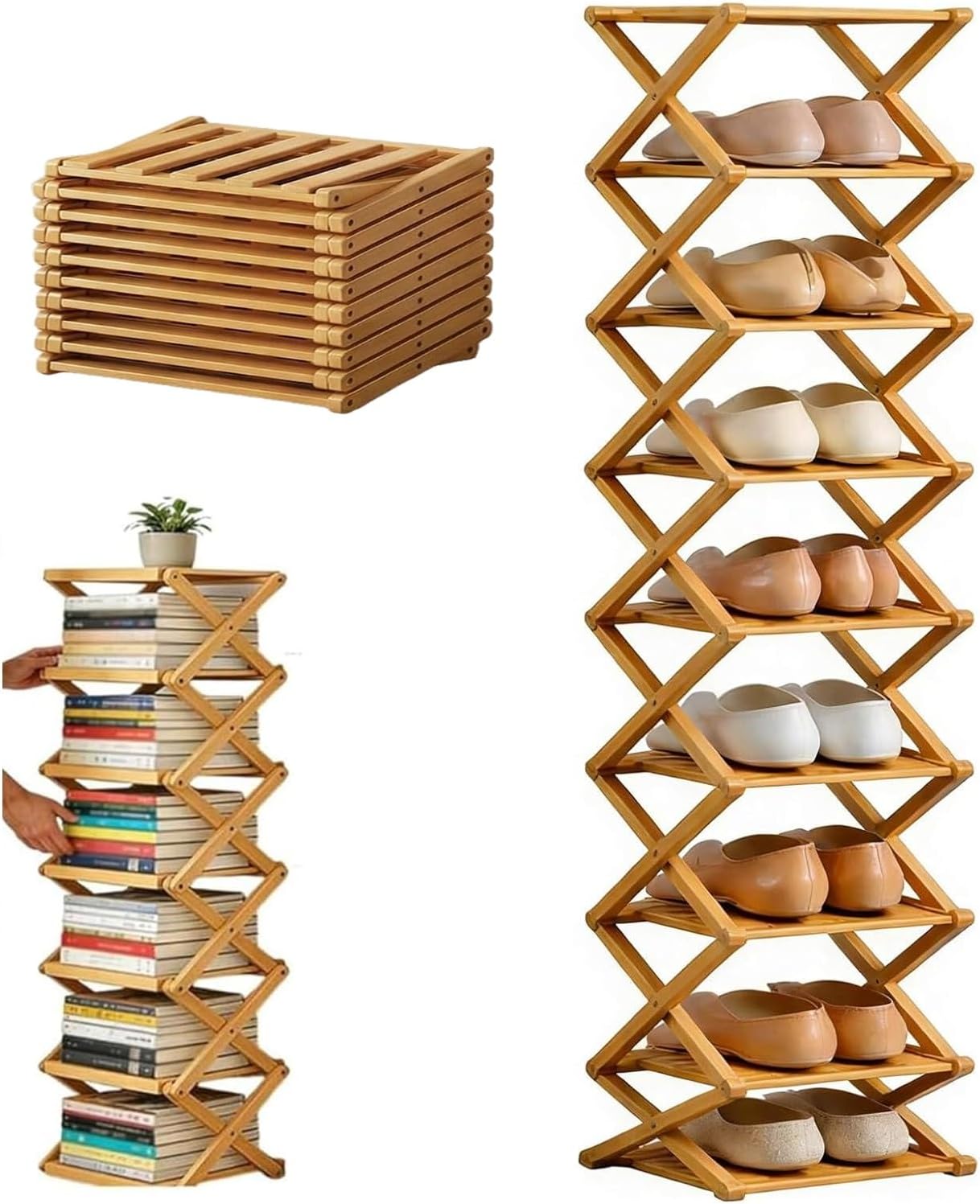 The 9-Tier No-Assembly Bamboo Rack Vertical Shoe Foldable Corner Shoe Shelf Multifunction Bamboo Storage Rack Space-Saving, for Entryway, Closet, Corner, Bedroom, Hallway(Wood,8-Tier)