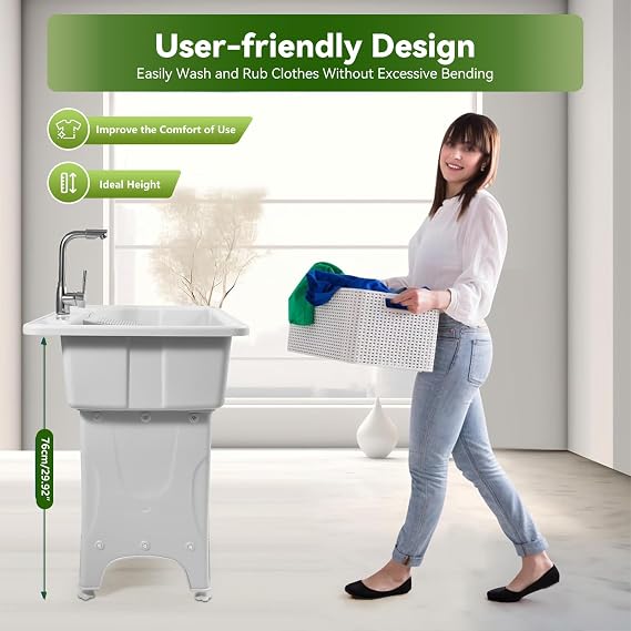 30-Gallon Plastic Utility Sink with Washboard&Stainless Steel Faucet, 220lbs Load Capacity, Freestanding Multi-Purpose Heavy-Duty Laundry Tub and Kitchen Sink for Homes & Business