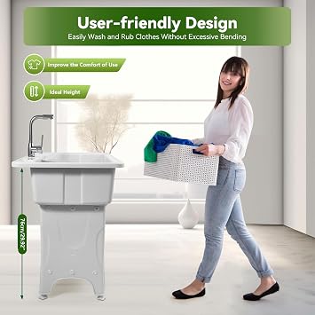 30-Gallon Plastic Utility Sink with Washboard&Stainless Steel Faucet, 220lbs Load Capacity, Freestanding Multi-Purpose Heavy-Duty Laundry Tub and Kitchen Sink for Homes & Business