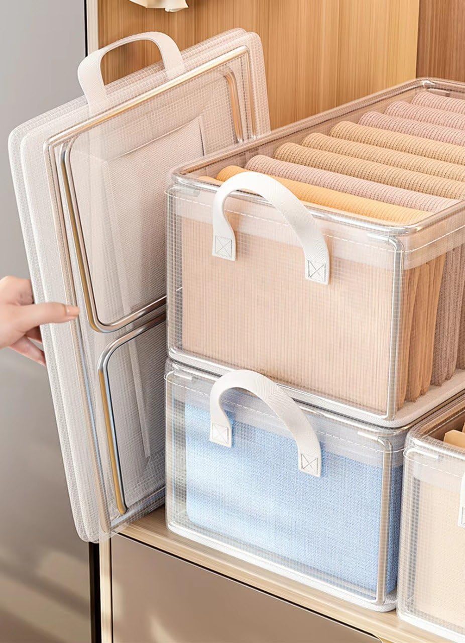 MEECOSTE 26L Transparent Storage Organiser Box organizer Wardrobe Organizer for Steel Frame & Handle, Foldable Closet Basket for Wardrobe, Cupboard, Almirah Shelves | Home & Hostel