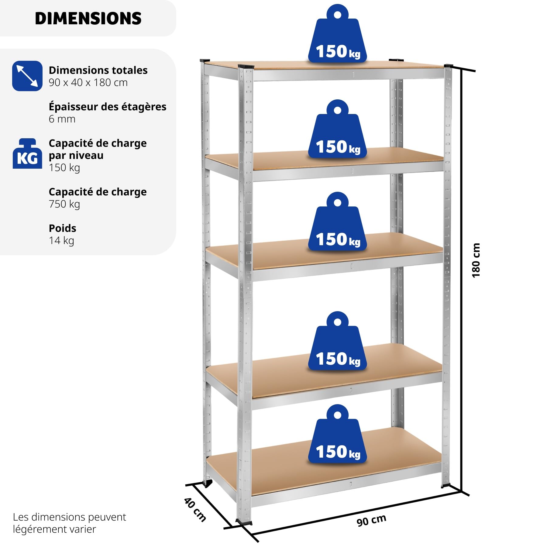 TecTake® Étagère Garage Étagère Charge Lourde Meuble de Rangement modulable en métal 5 tablettes 90x40x180cm Max. 750 kg pour Rangement Outils Rangement Atelier pneus Rangement buanderie Garde Manger