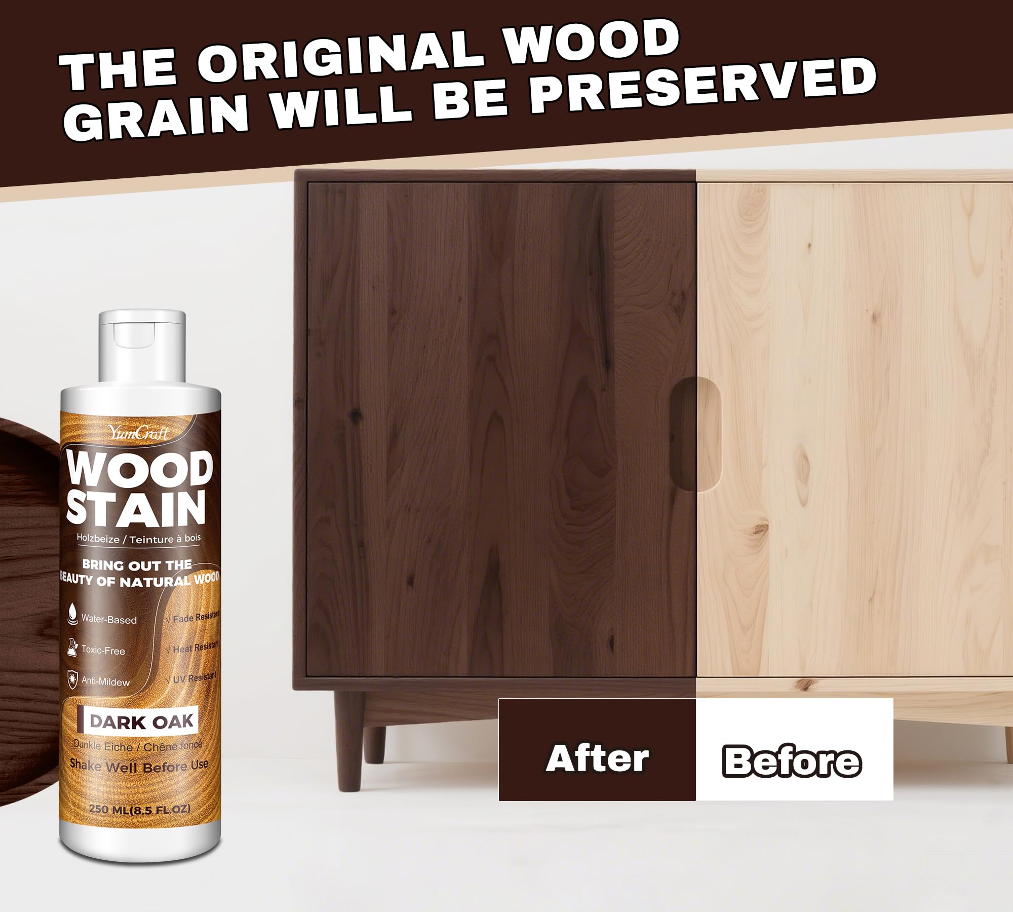 Teinte à Bois 250ml Chêne Foncé à Base d’Eau, Lasure et Peinture pour Meubles Intérieurs Extérieurs, Portes Placards Étagères, Wood Stain Mat, Séchage Rapide, Non Toxique, Facile à Appliquer - 3