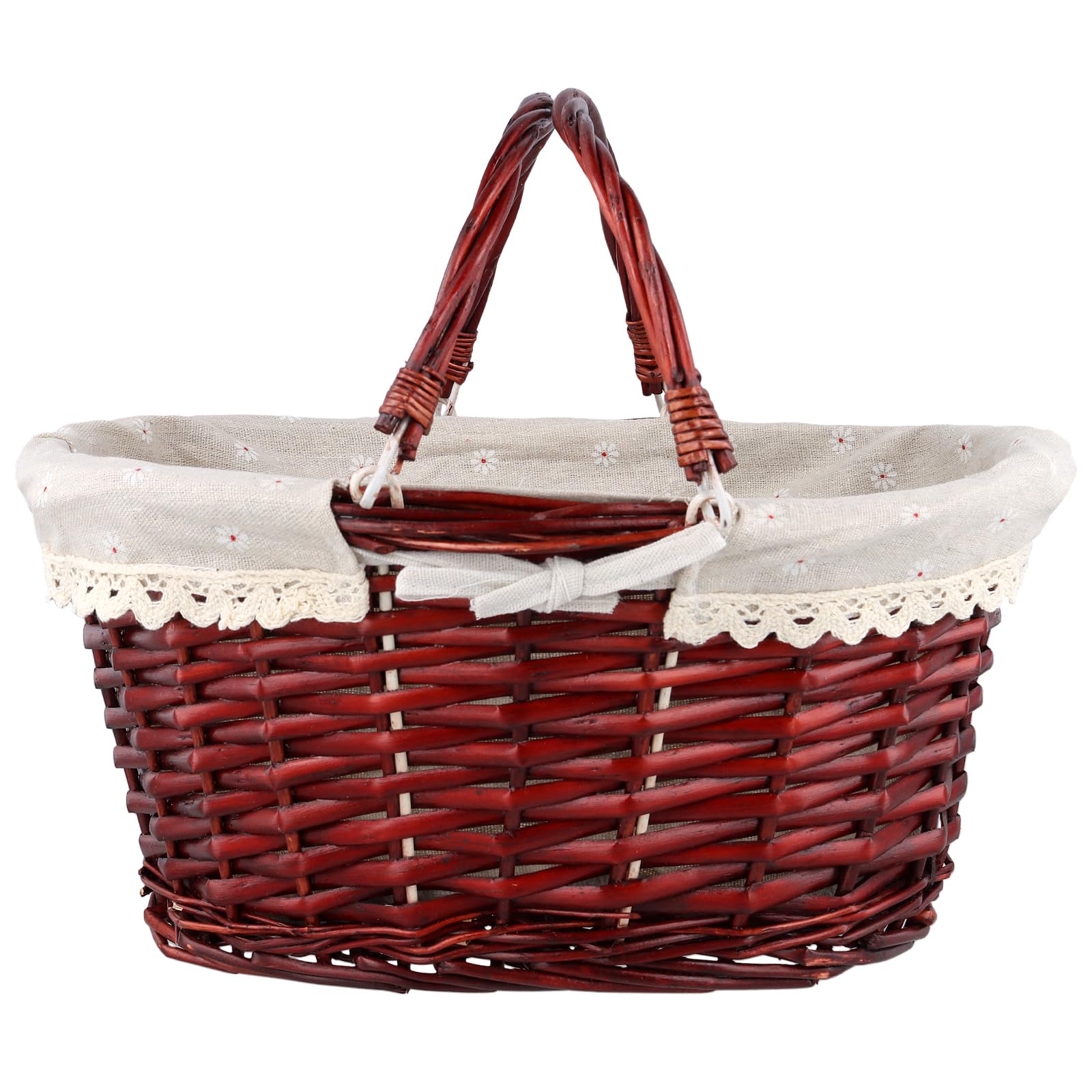 FUNSUEI Panier en Osier avec Anse et Doublure - Petit Panier Tissé Main pour Pique-Nique, Rangement, Décoration et Pâques - 36 x 28 x 17 cm