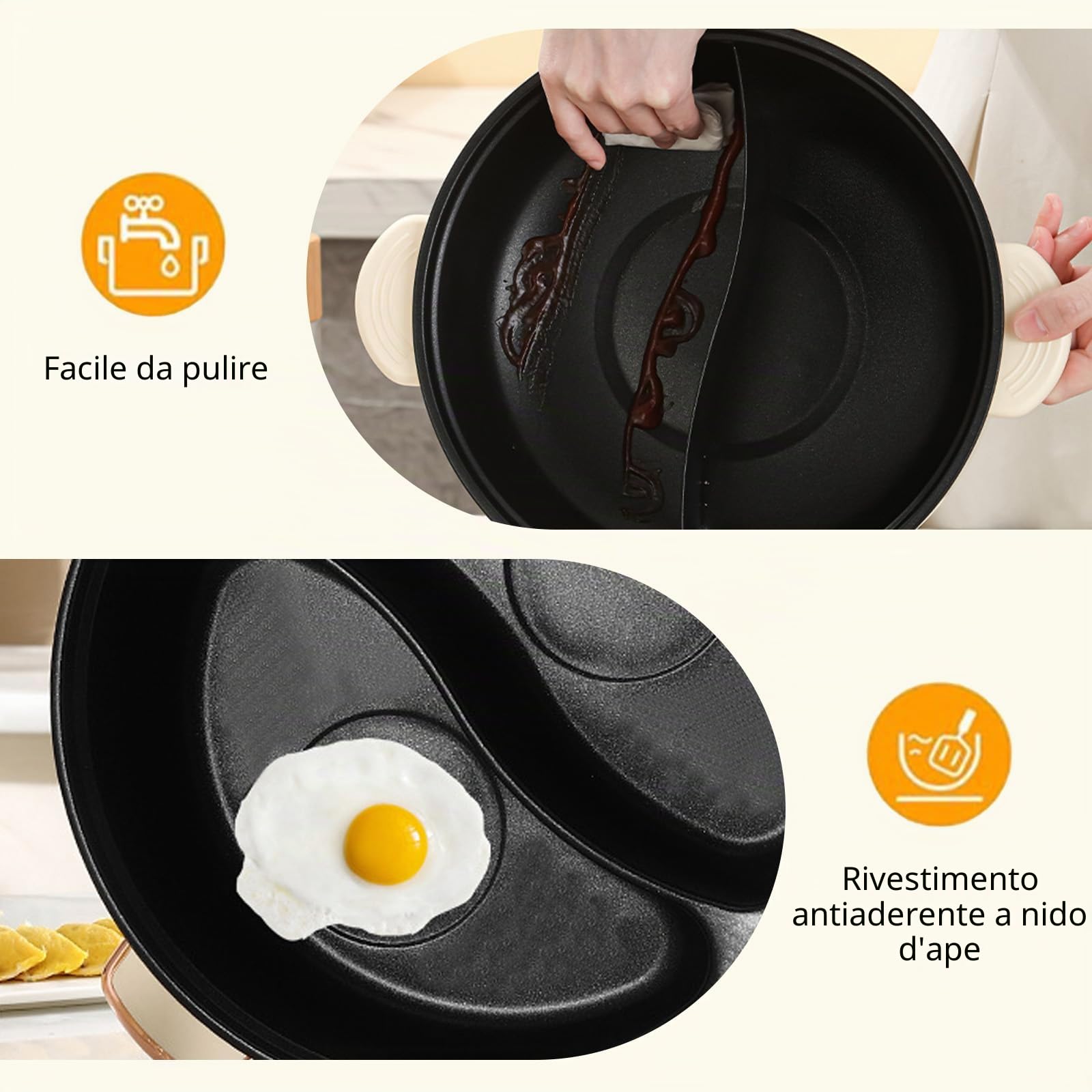 Hot Pot, pentola elettrica da 5 l, riscaldamento rapido, doppia manopola, 1350 W, rivestimento antiaderente, 3 livelli temperatura, zuppa pasta bistecca