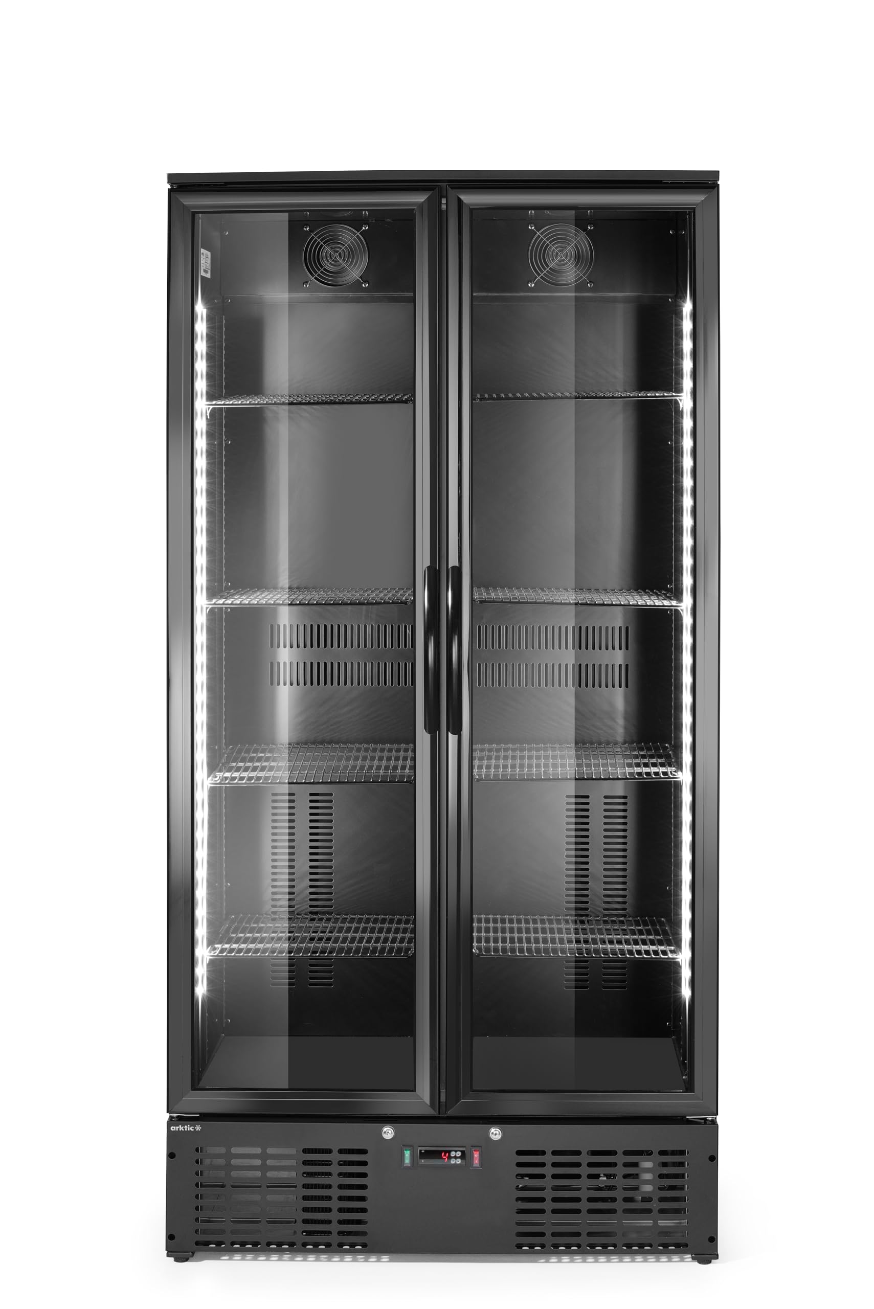 HENDI Getränkekühlschrank, Zweitürig, mit 8 verstellbaren Regalböden, Temperaturbereich: 0° bis 10°C, LED Innenbeleuchtung, 477L, 230V/365W, 900x530x(H)1820mm, Aluminium, Stahl, Glas, Schwarz