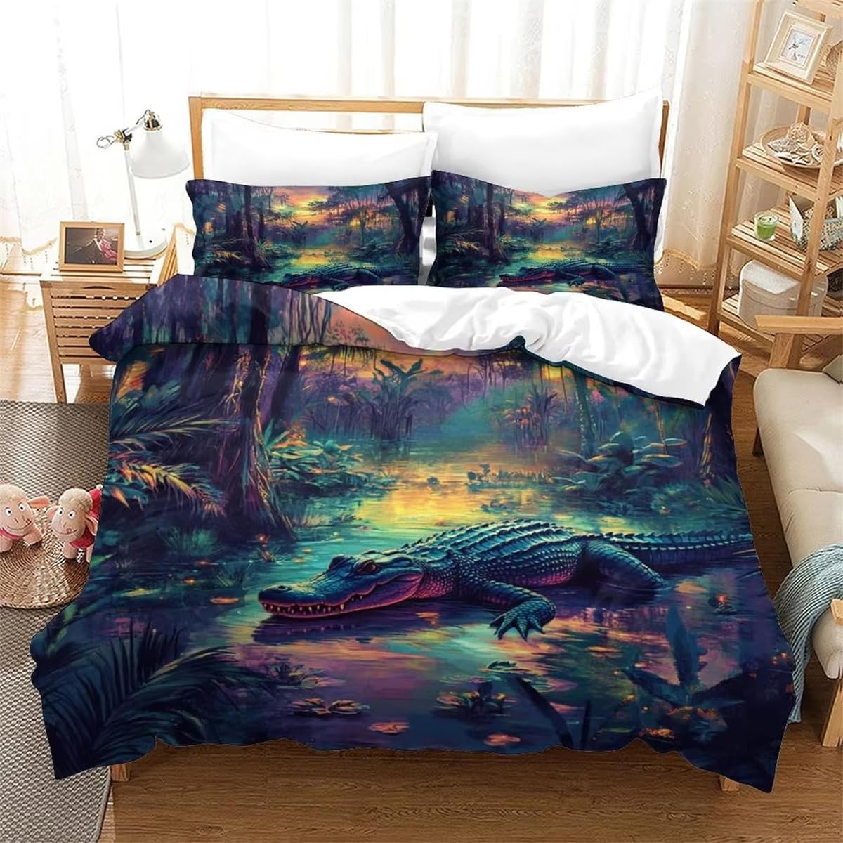 Housse de couette 140x200 crocodile avec 2 taies d'oreiller en microfibre douce