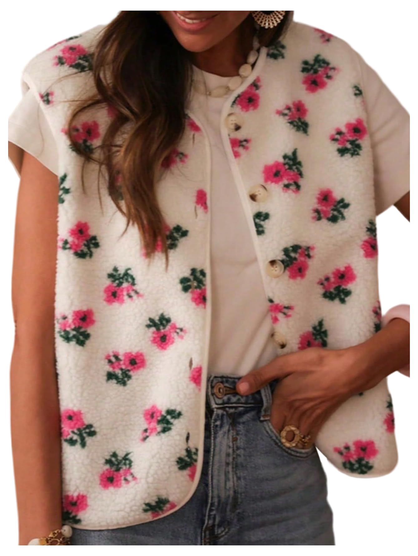 Verdusa Womens Boho 3D Floral Zip Up Vest Stand Collar Fleece Jacket Fall Clothes