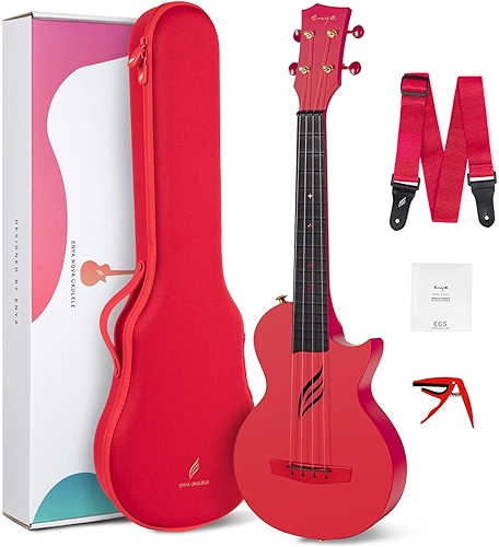 Ukulele concert Enya Nova U 58 cm, de fibra de carbono, ukulele de viagem com kit para iniciantes inclui aulas online (sem garantia de versão em português), estojo, alça, capo e cordas (vermelho)