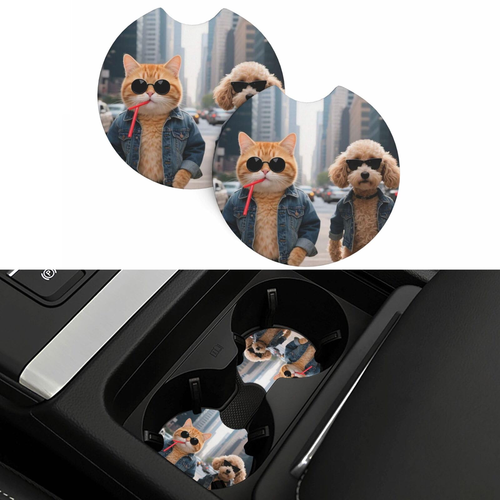 2 Pack Car Coasters,2.7" Universal Car Cup Holder Coasters Non-Slip Neoprene Cup Pad Mat Coaster Car Interior Accessories for Women Men Cool Cat and Dog