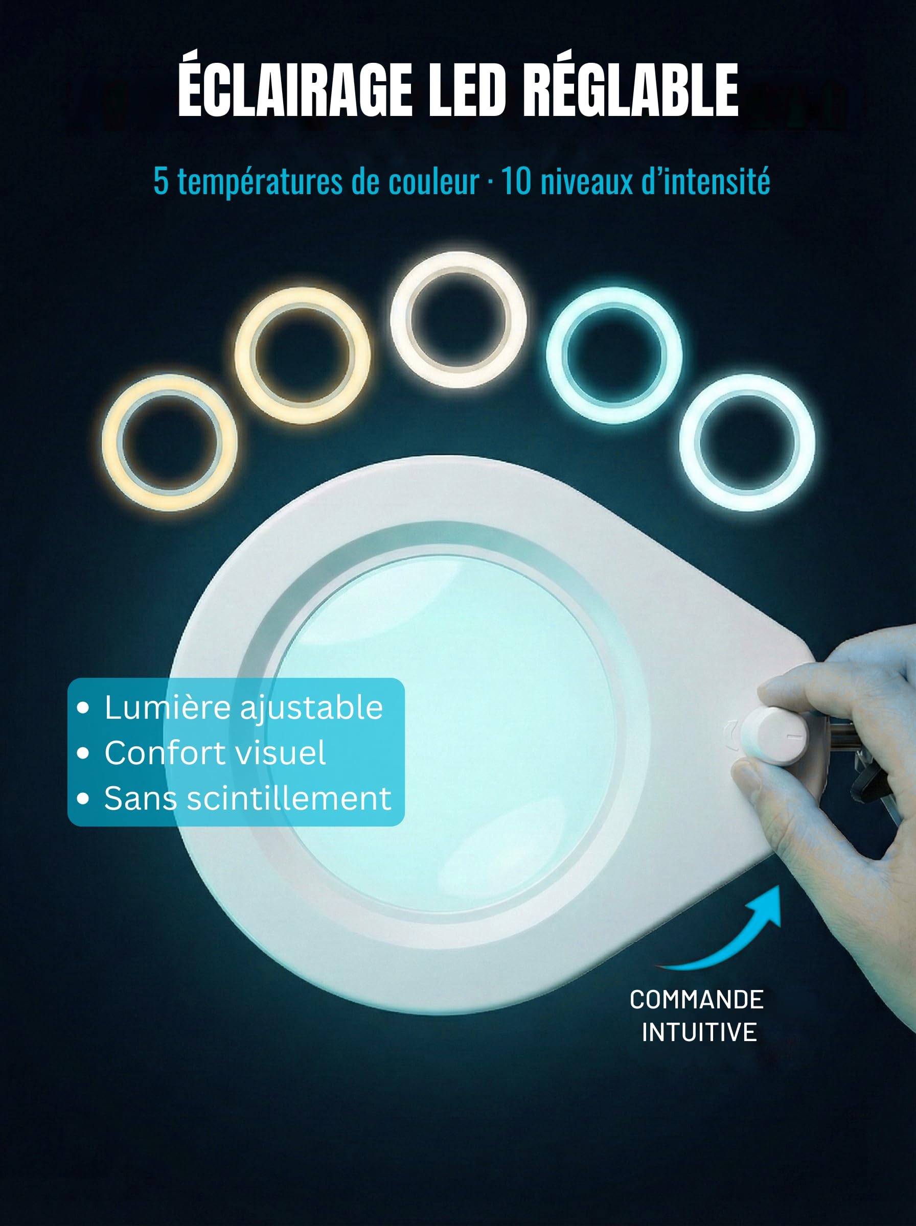Lampe Loupe LED avec Pince & Bras Articulé – 5 Dioptries, Dimmable
