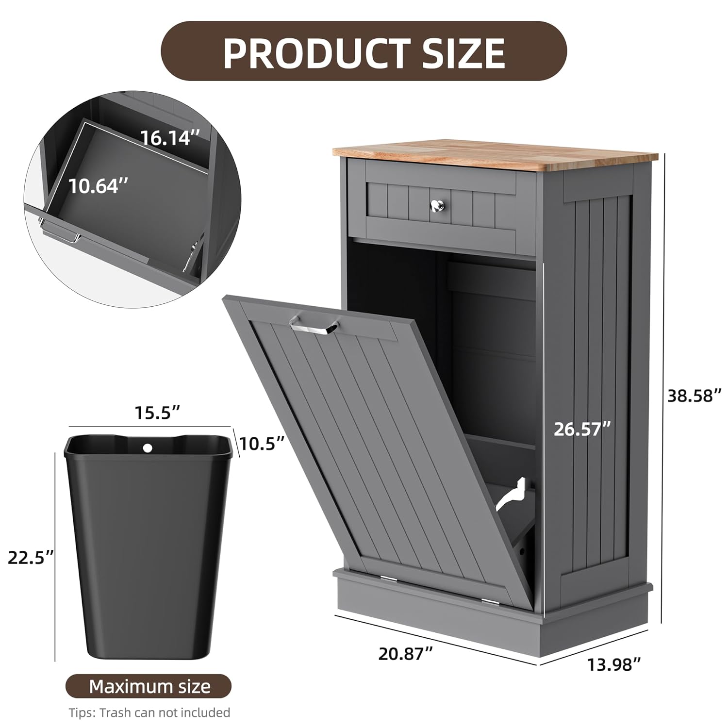 Spurgehom 13 Gallons Tilt Out Trash Can Cabinet Hidden Kitchen Trash Can Freestanding Garbage Recycling Cabinet with Hideaway Drawer Pet Proof Trash Can Holder for Kitchen Living Room, Grey