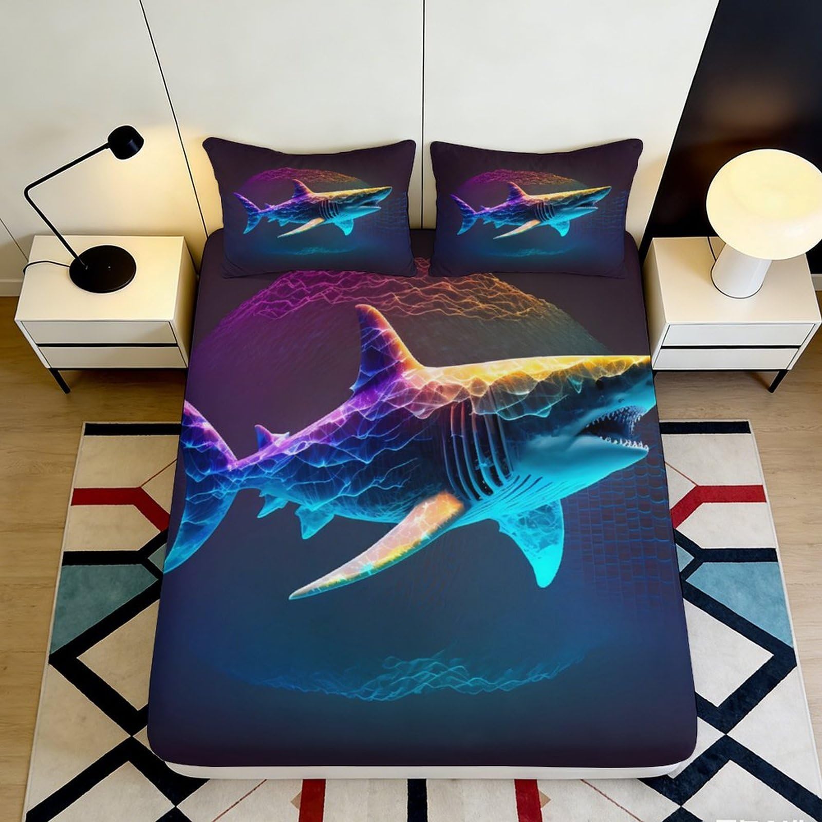 3D Printed Neon Shark Fitted Sheet Microfiber Soft Breathable Ocean Wave Bed Cover for Bedroom Dorm Mattress Decor 90x200x25cm
