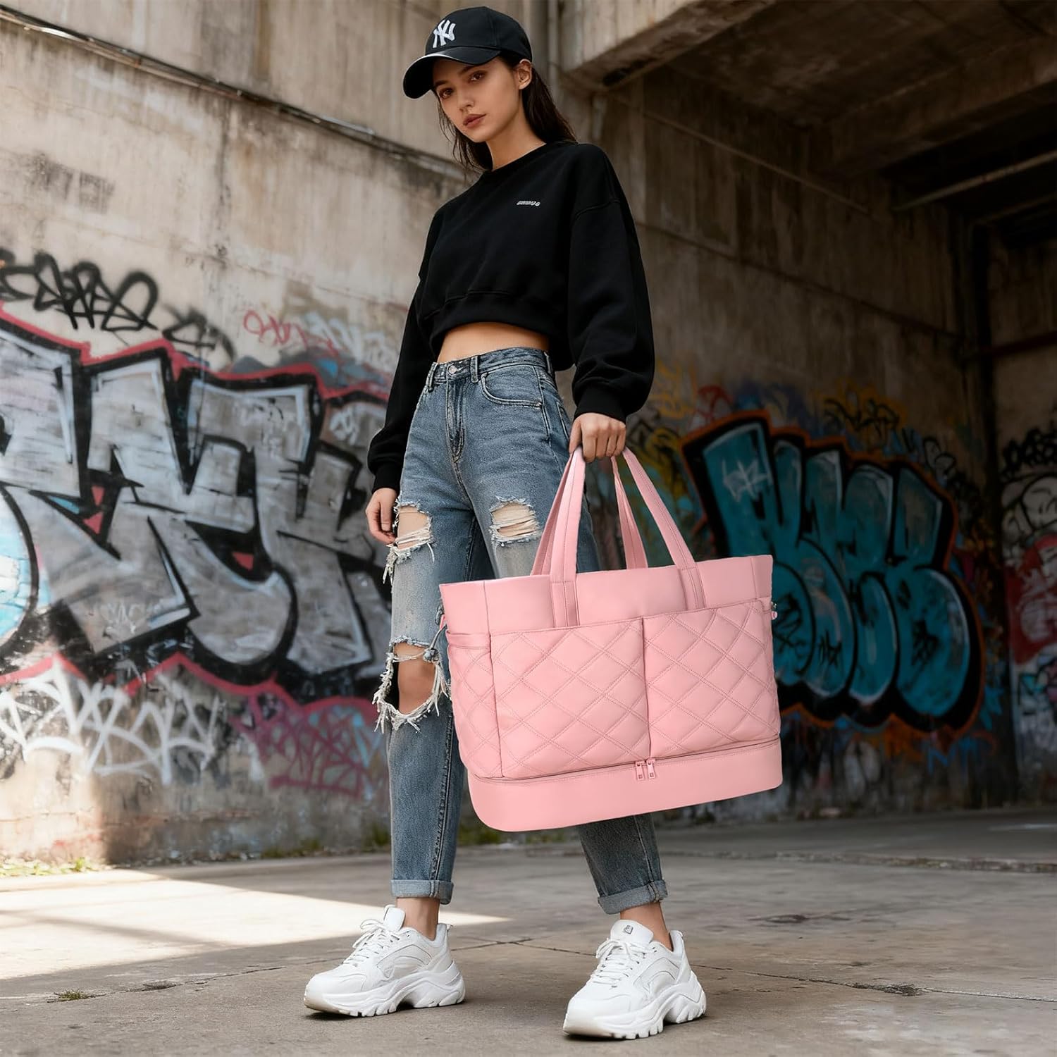 Weekender Bag for Women Men, Large Overnight Bag Faux Leather Travel Duffel Bag with Shoe Compartment Toiletry Packing Cube Carry On Bag Fit 21" Laptop 3Pcs Set (2PCS Pink) - Image 10