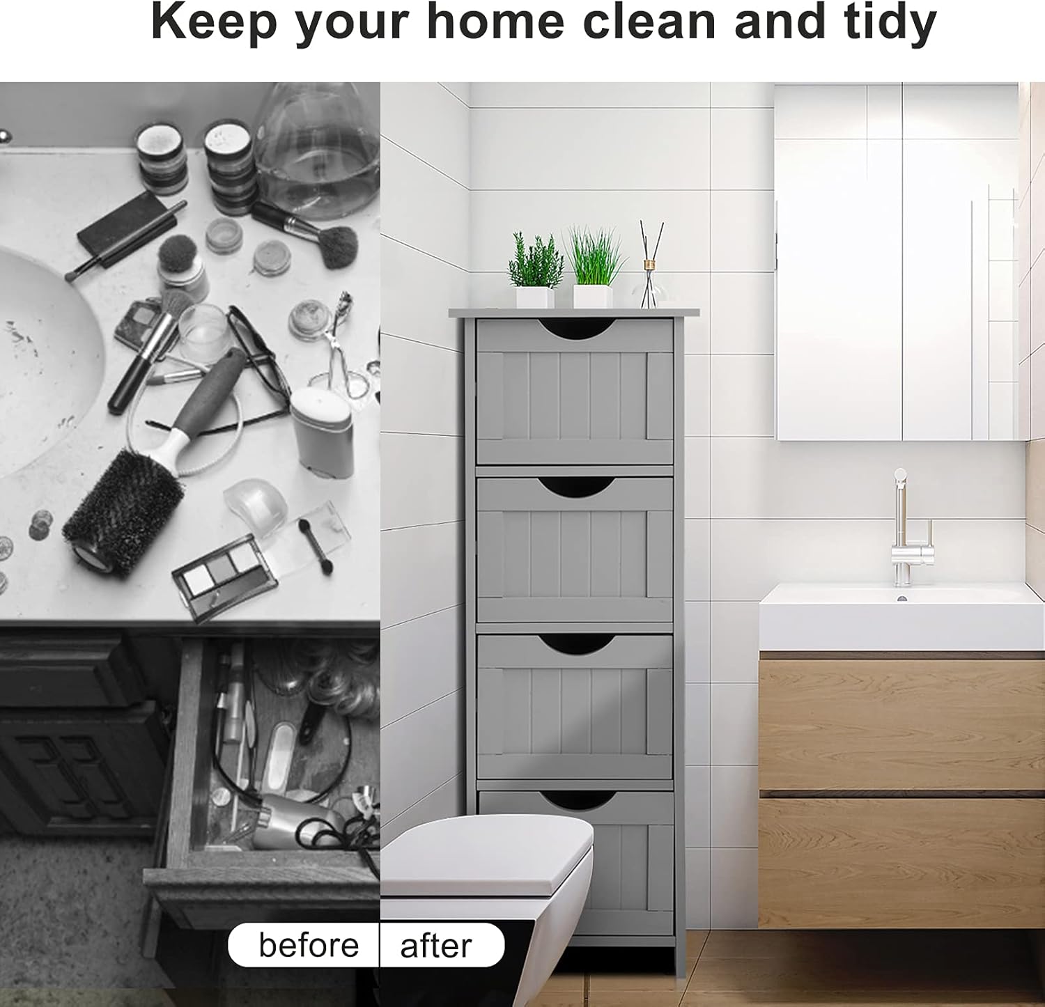 Bonnlo Bathroom Organizer and Storage Wooden Side Bathroom Cabinet with 4 Drawers Free Standing Cabinet White for Bathroom Bedroom Living Room Hallway, 11 13/16" x11 13/16" x32 3/8" (Grey)