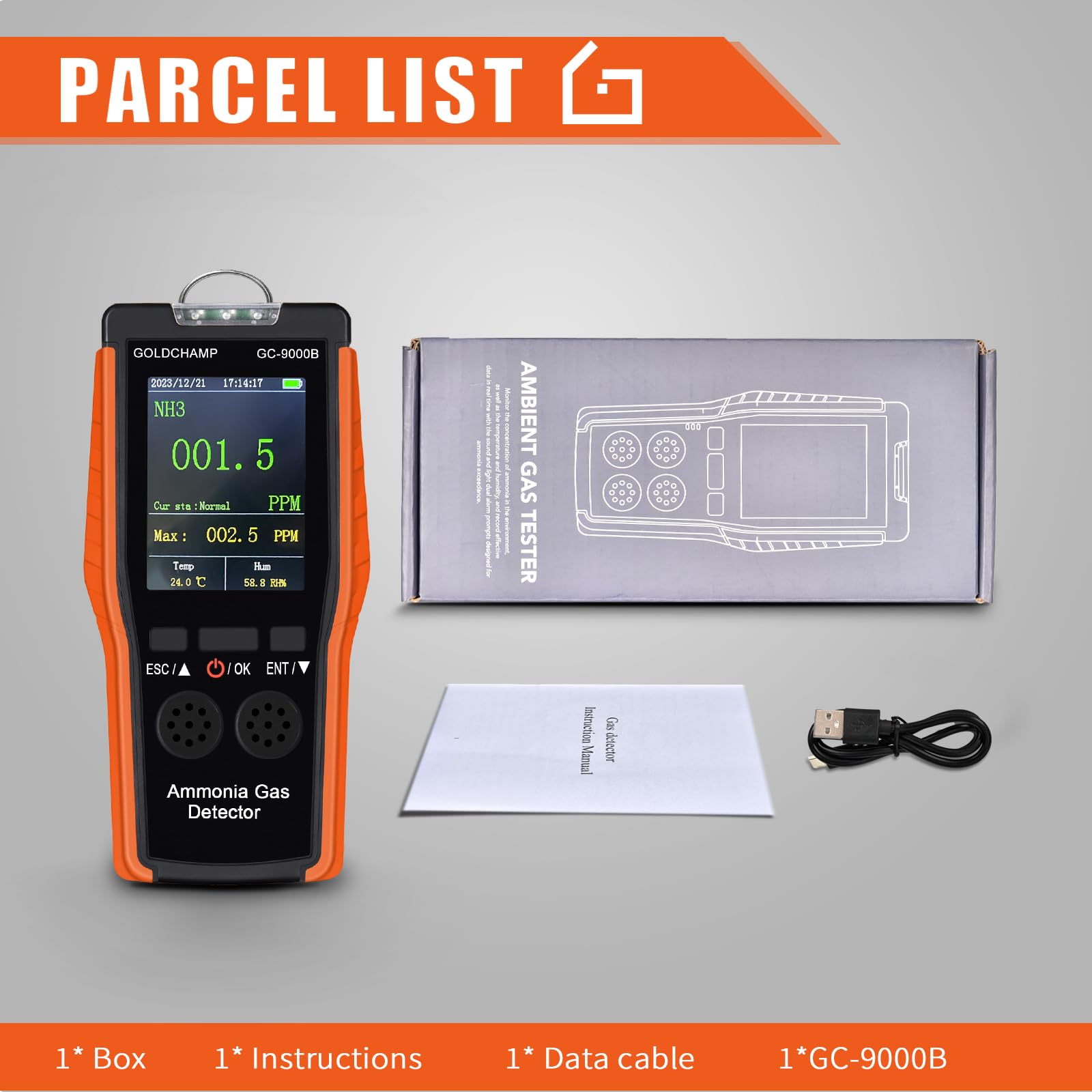 GC-9000B detector de gas amoníaco 3 en 1 con alarma, sensor de alta precisión, mide 0 ~ 100 ppm NH, temperatura/humedad, adecuado para hogares agrícolas, fábricas industriales