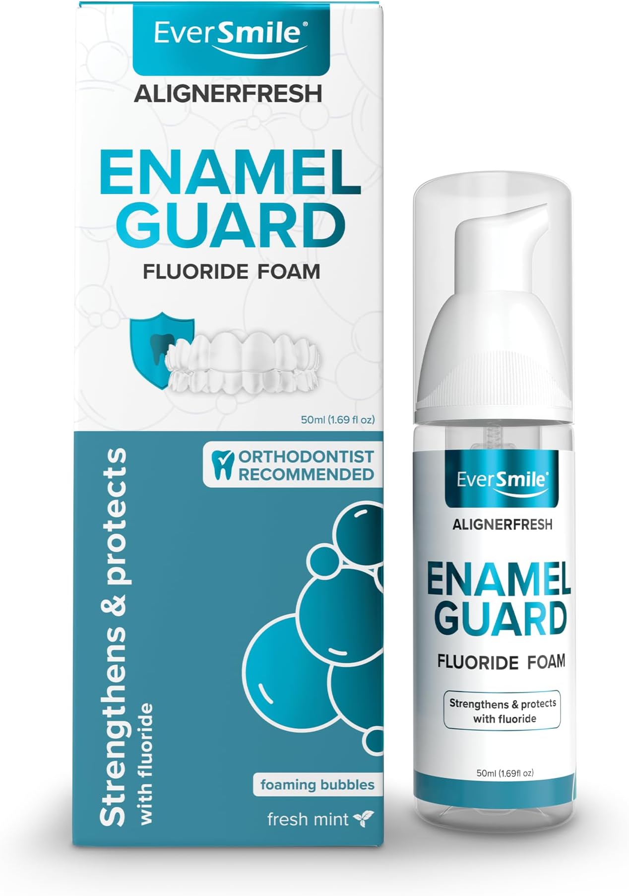 AlignerFresh Enamel Guard Fluoride Foam – Aligner & Retainer Cleaner/Whitener with Enamel Protection – Strengthens, Protects & Whitens Teeth, Eliminates Bacteria – Fresh Mint, 1 Pack (50ml)