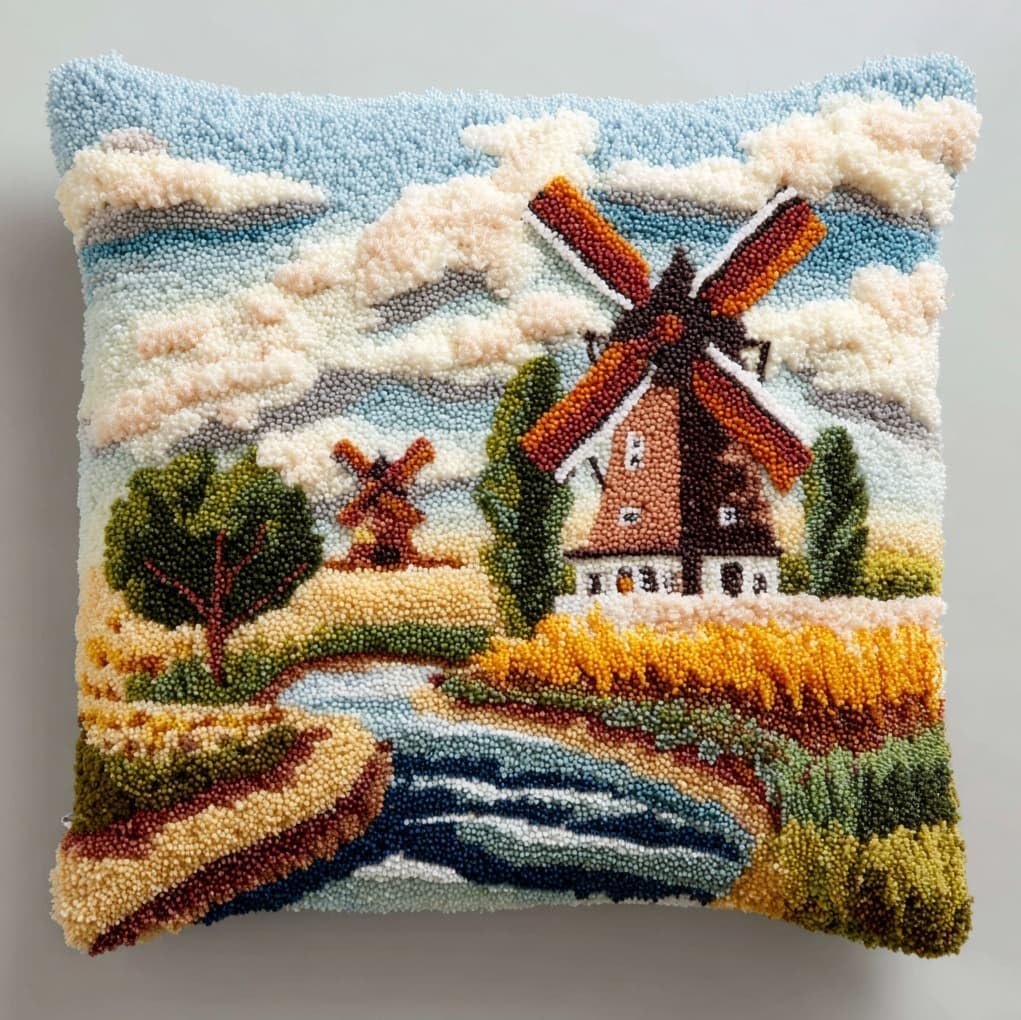 WallustrioaW Latch Hook Pillow Case Kits,Windmills in the Village