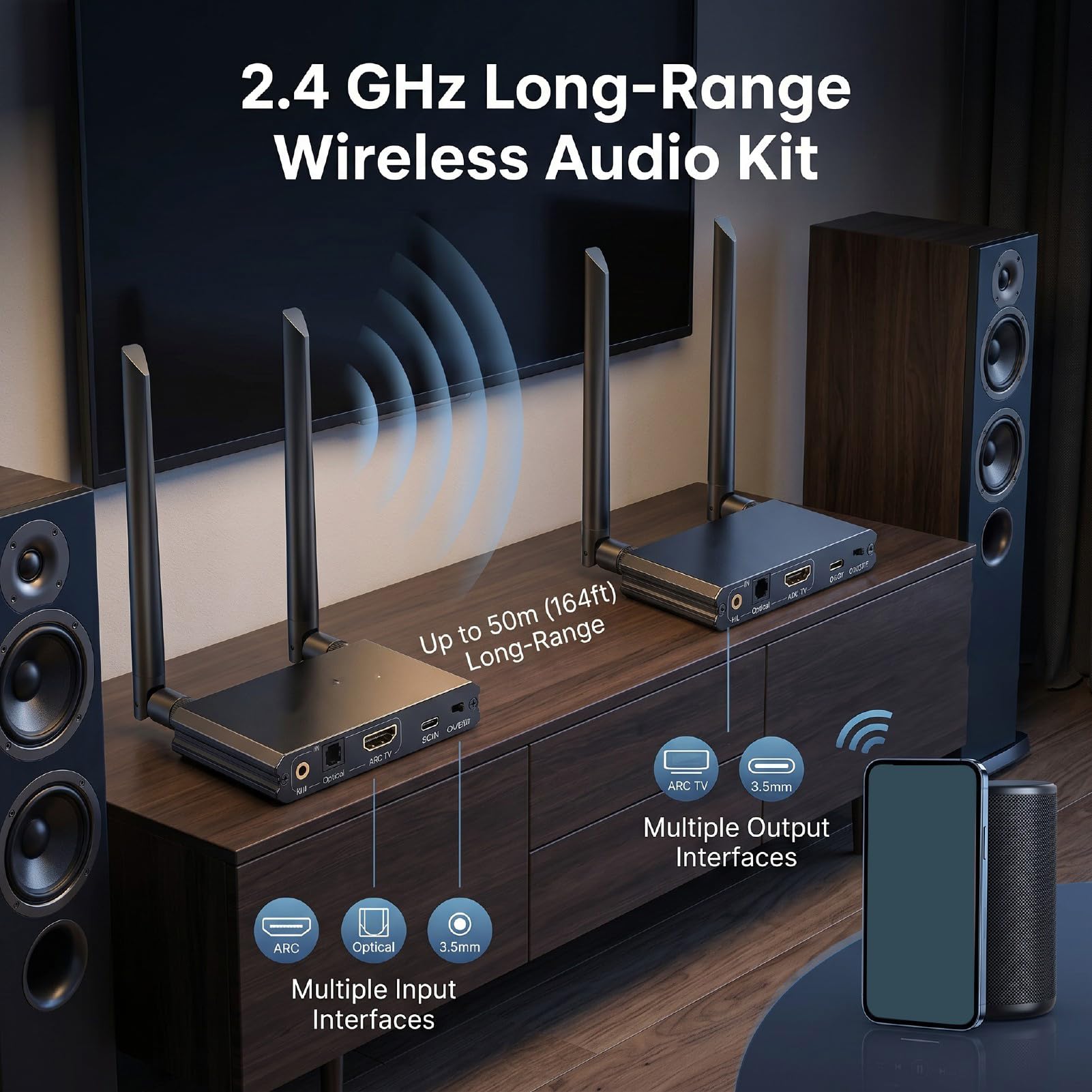 Tangxi Juego de Receptor y Transmisor de Audio Inalámbrico de 2,4 GHz, Kit de Adaptador de Sonido Inalámbrico Bluetooth 5.3 con Adaptador de Audio óptico ARC de 3,5 Mm, Largo Alcance de