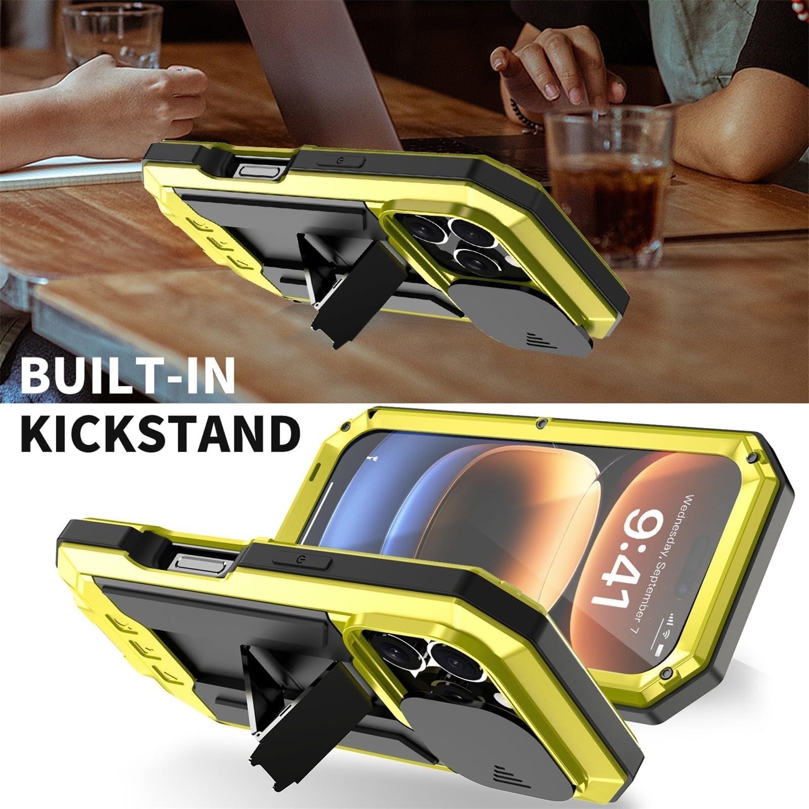 Genérico Funda para iPhone 16/16 Plus/16 Pro/16 por MAX Protectora Cámara Funda, Antisísmica Soporte Ajustable Agua con Protector Pantalla(Yellow,16 Pro MAX)