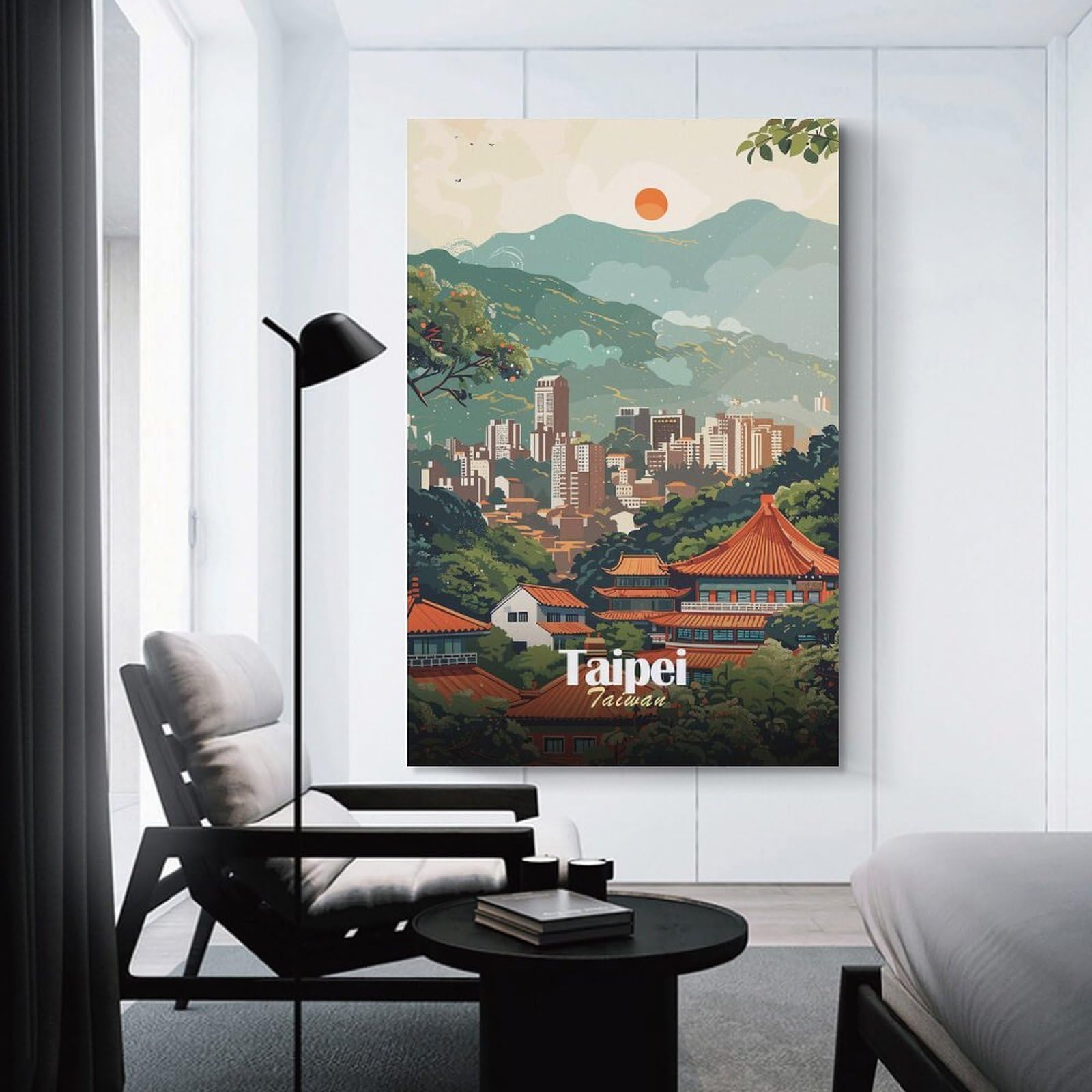 Junmoney Taipei Cityscape Illustration Wall Picture Print 24x36inch(60x90cm), for Corridors, Hallways Or Apartment Entries, Decorative Canvas Styling for Entry Areas
