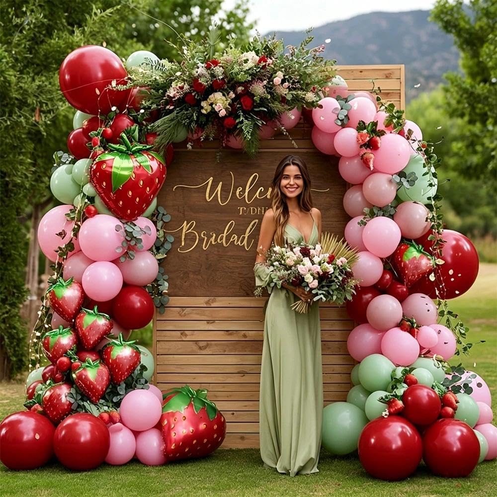 Arco a palloncino a forma di fragola, doppio farcito rosa pastello, rosso scuro, verde, in lattice, kit per baby shower con bacche, primo compleanno, matrimonio, decorazione per feste nuziali
