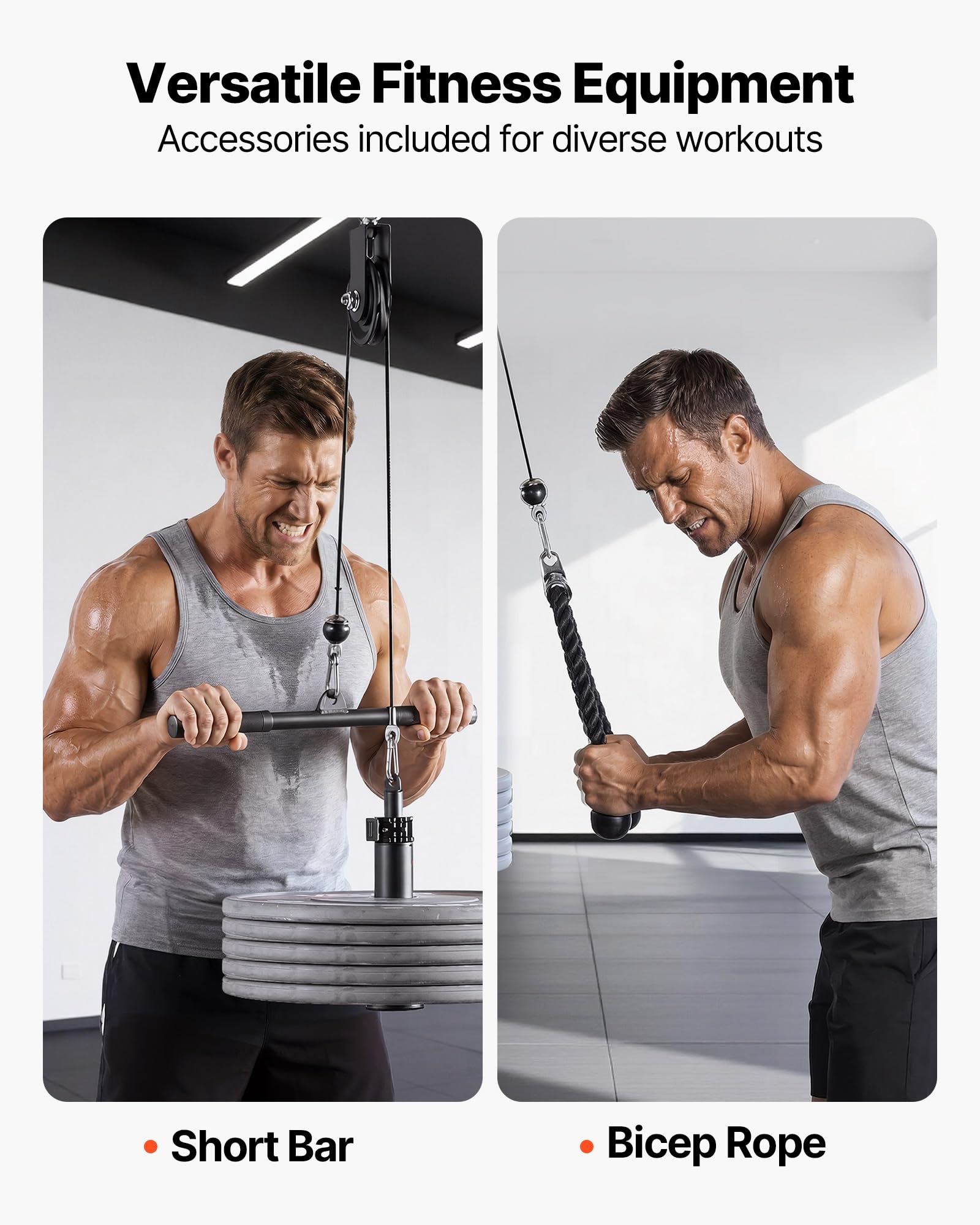 VEVOR Poulie Musculation Capacité 127 kg, Système de Poulies pour Fitness avec Barre Courte et Poignée à Corde, pour Extensions de Triceps Biceps Dos et Épaules, Accessoire pour Station de Musculation