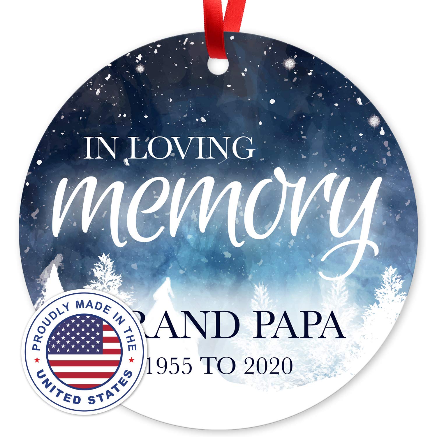 Soul Décor Personalized Christmas Ornaments, in Loving Memory Grand Papa Ornament, Large 3.75" Round Metal Ornament, Velvet Pouch Included
