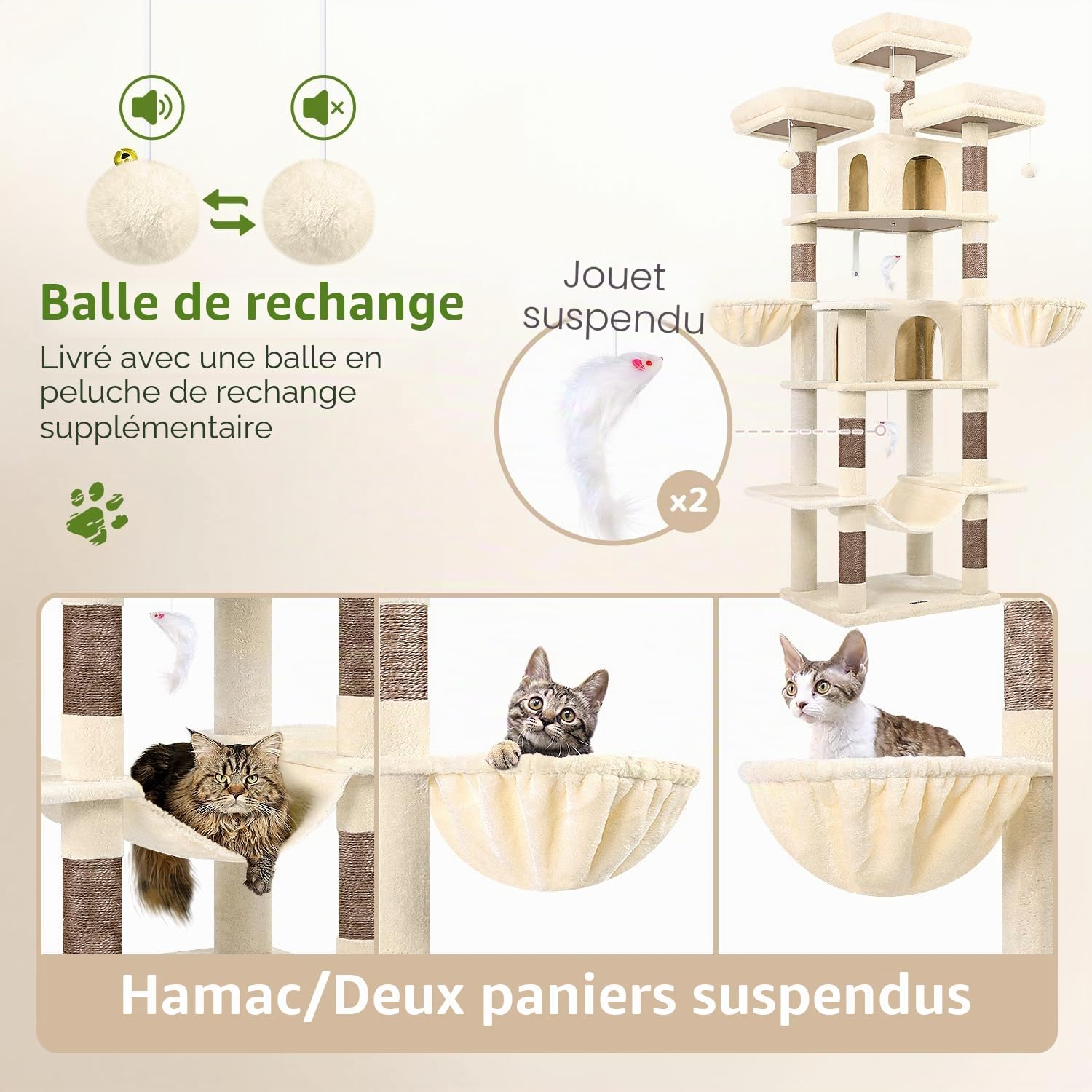Globlazer Arbre à Chat Grand Beige, Arbres a Chats XXL Hauteur 204 cm avec 3 Perchoirs Rembourrés, 2 Niches, 2 Paniers, Hamac, Tour de Chat Stable pour 3-5 Chats Adulte Repos Jeu Gratter (F80, Beige)