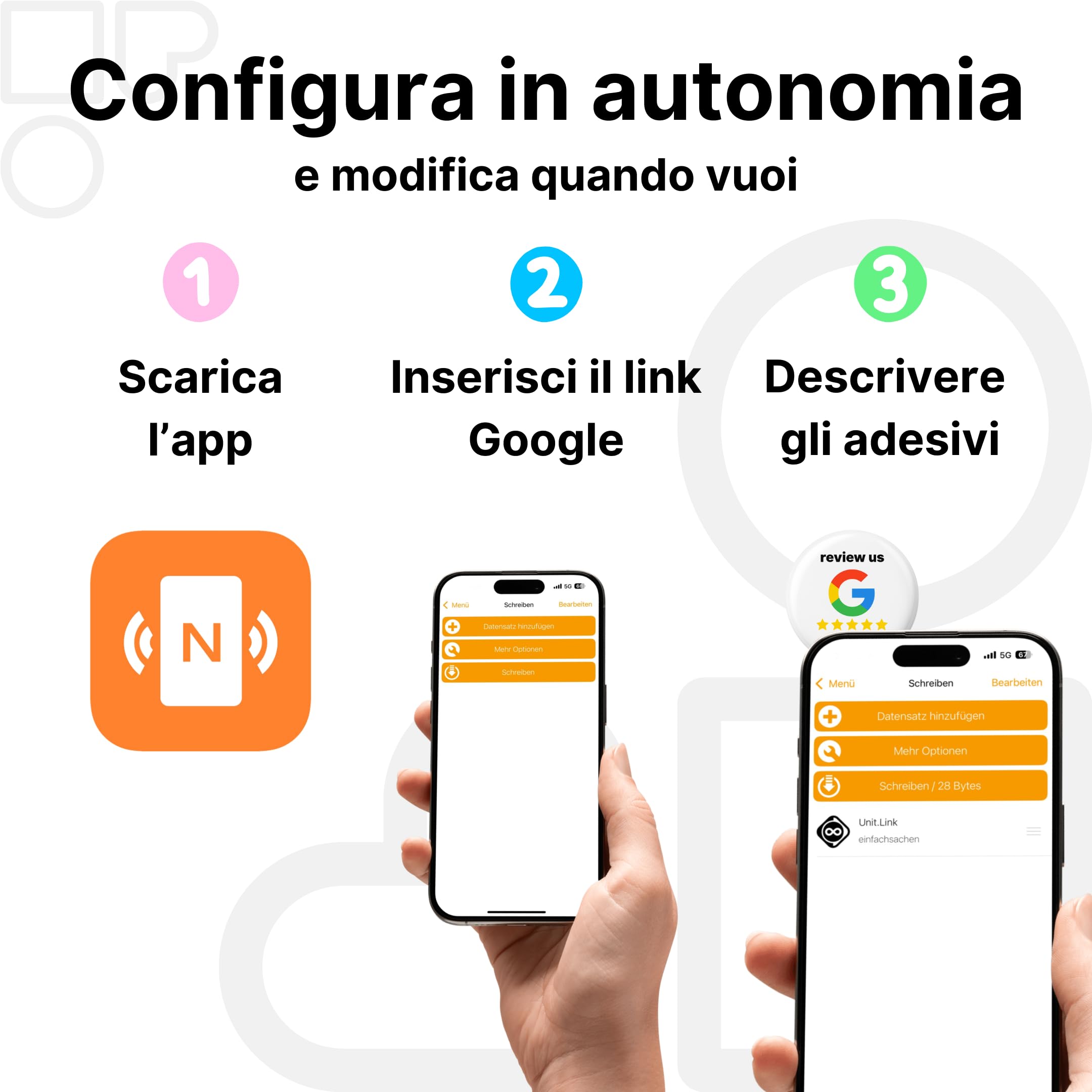 10 adesivi NFC "review us" – tag per Google Reviews – 3 cm, auto-programmabili, forte adesione – riutilizzabili e senza contatto – aumenta le valutazioni in più posizioni