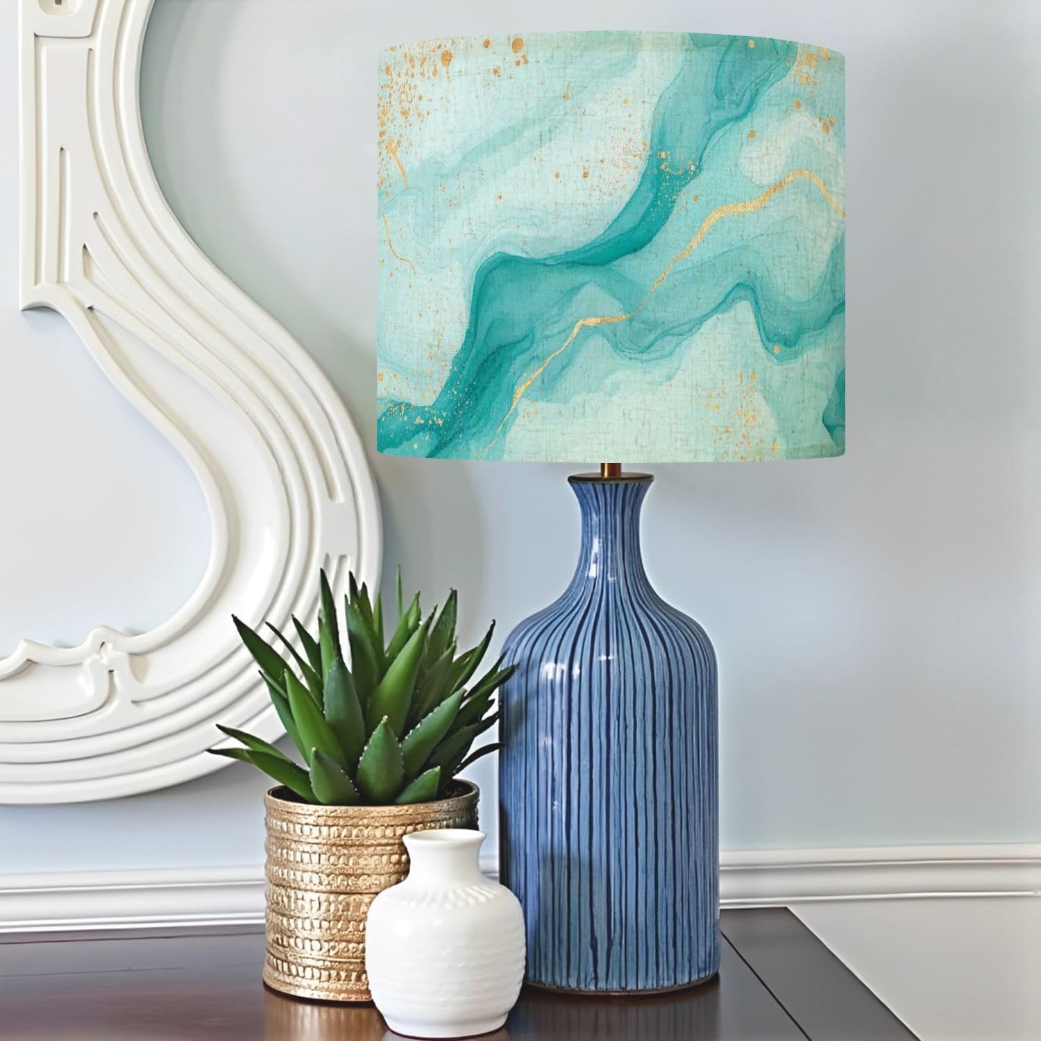 Boho Drum Lamp Shades - 11" x 11" x 8.9" Pastel cyan mint liquid marble watercolor wavy lines brush stains Teal Replacement Natural Linen Lampshades for Table Lamps, Floor Lamps Easy Assembly