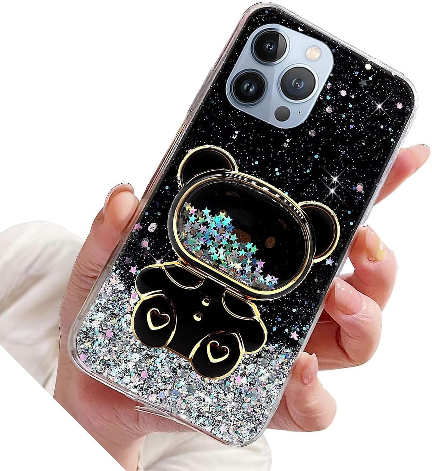 Miagon Bear Mirror Stand Case Glitter for iPhone 13 Pro Cute Girls Thin Crystal Protective Case Quicksand Bling Transparent Case Bumper with Mirror Holder Kick Stand Black